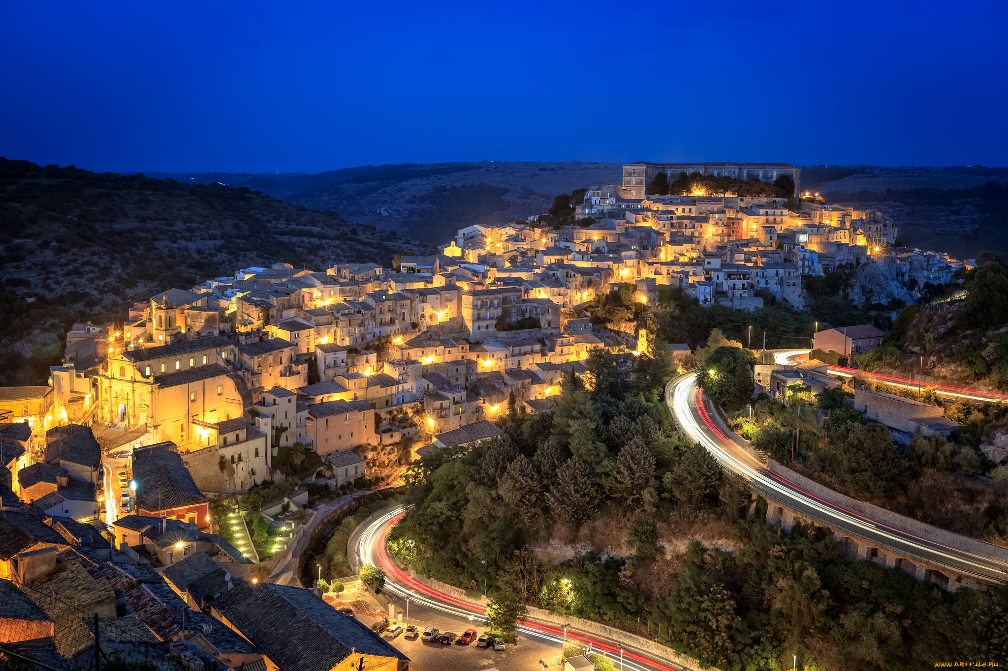 ragusa, at, night, города, -, огни, ночного, города, огни, трасса, здания, ночь