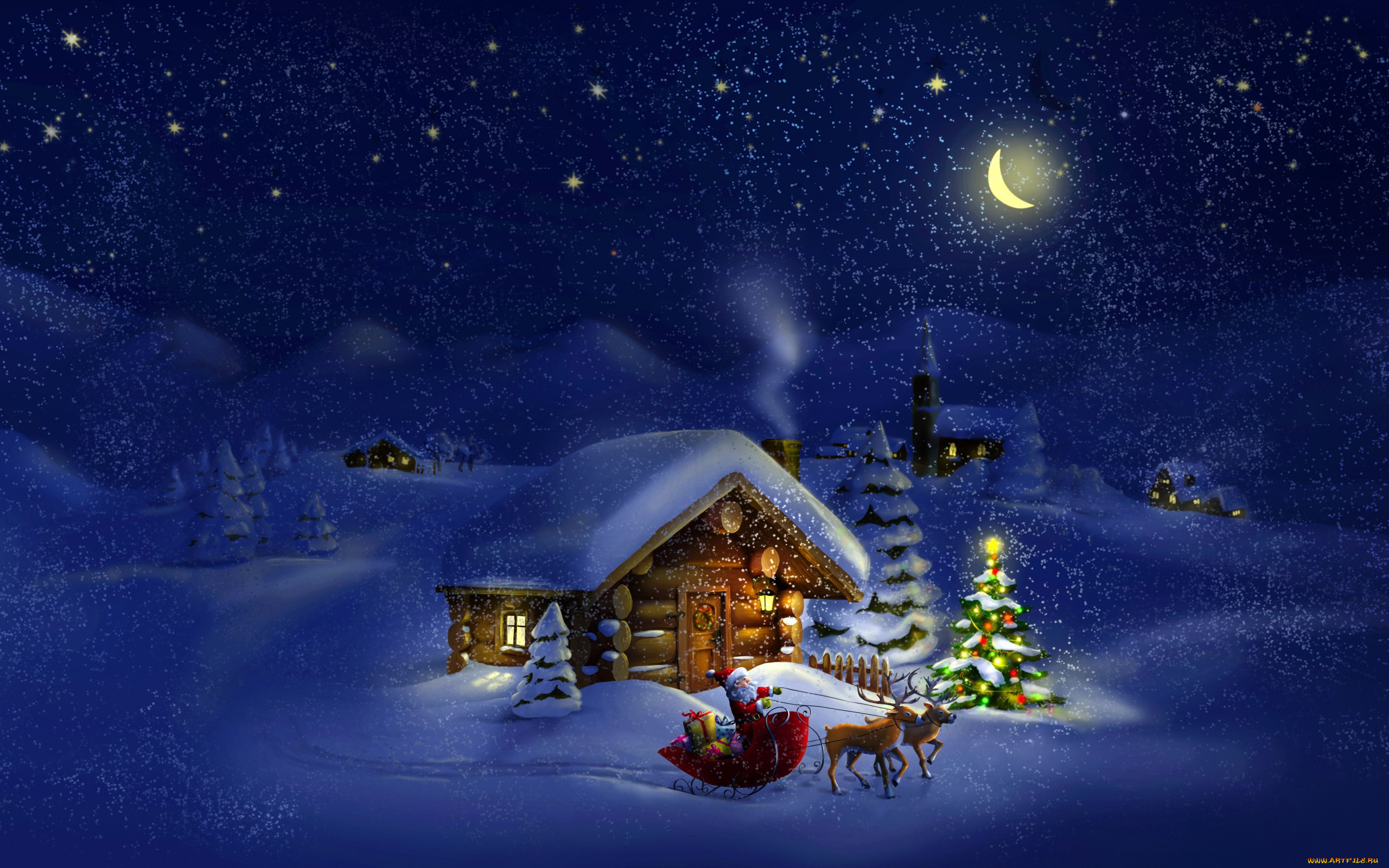 праздничные, рисованные, новый, год, праздники, дом, зима, дед, мороз, ночь, елка, луна, снег, олени, рождество, фото, природа