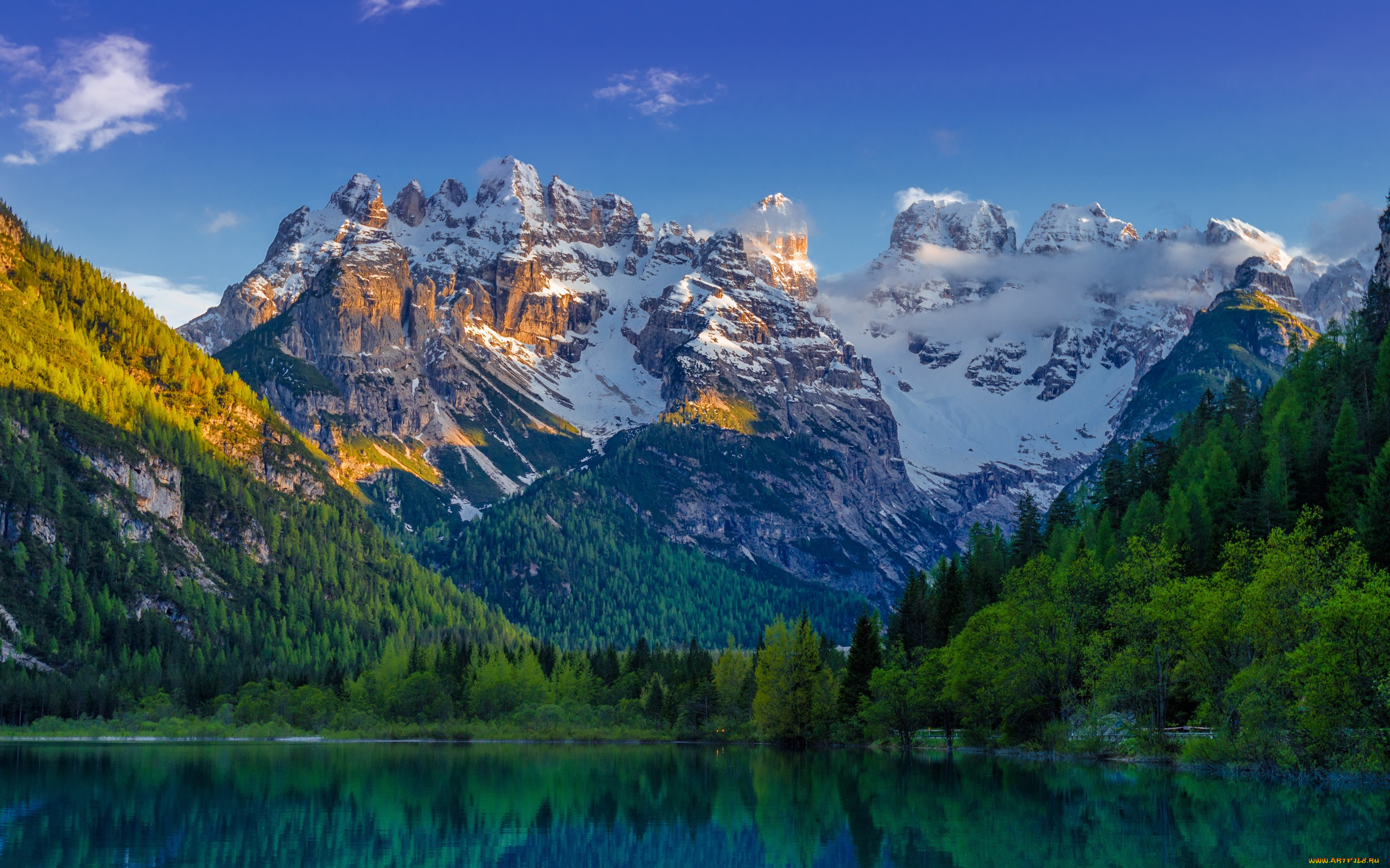 природа, горы, mountain, lake, emerald, landscape, ели, лес, пейзаж, снег, озеро