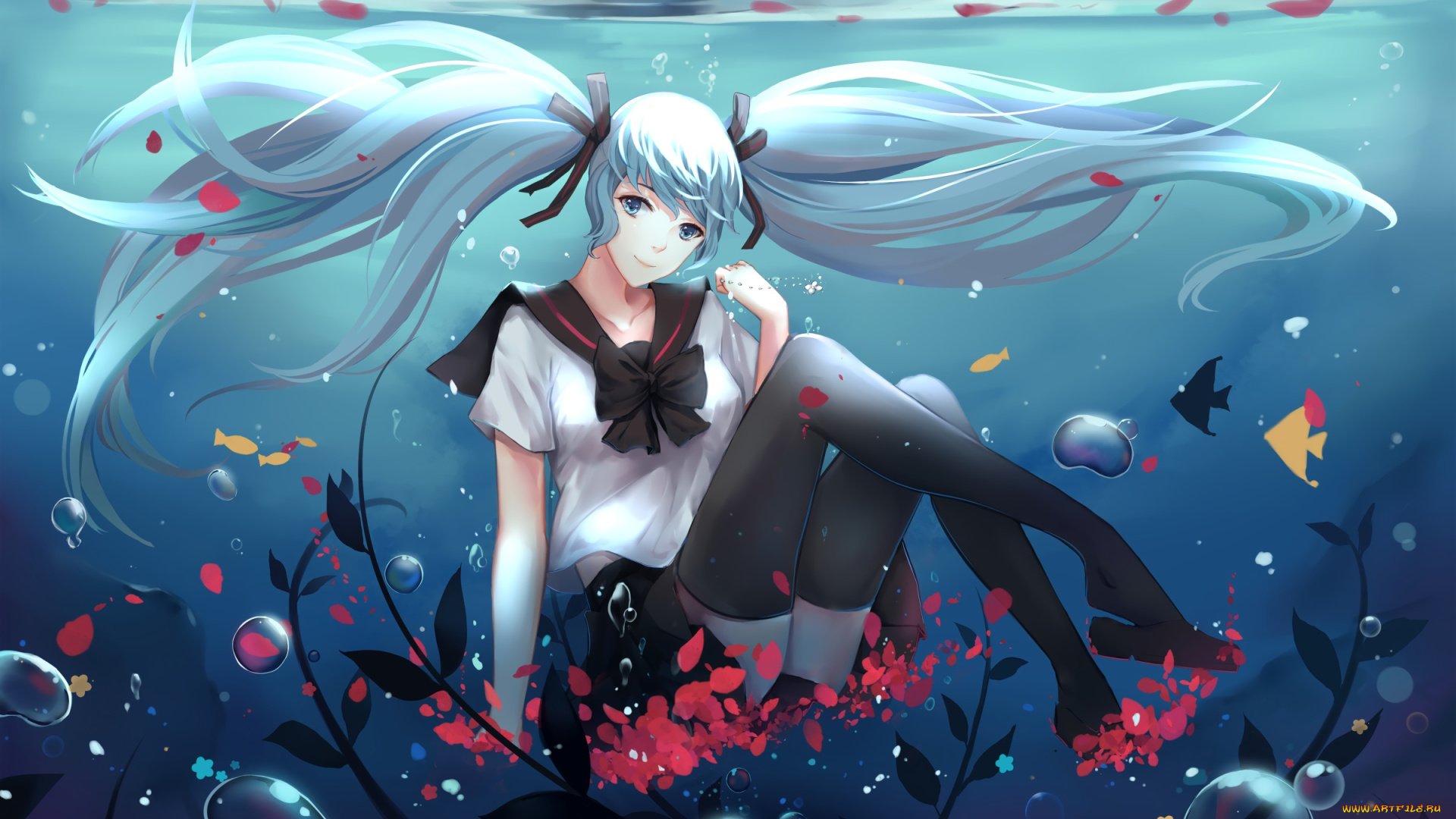 аниме, vocaloid, вода, арт, sfive, девушка, океан, рыбки, hatsune, miku