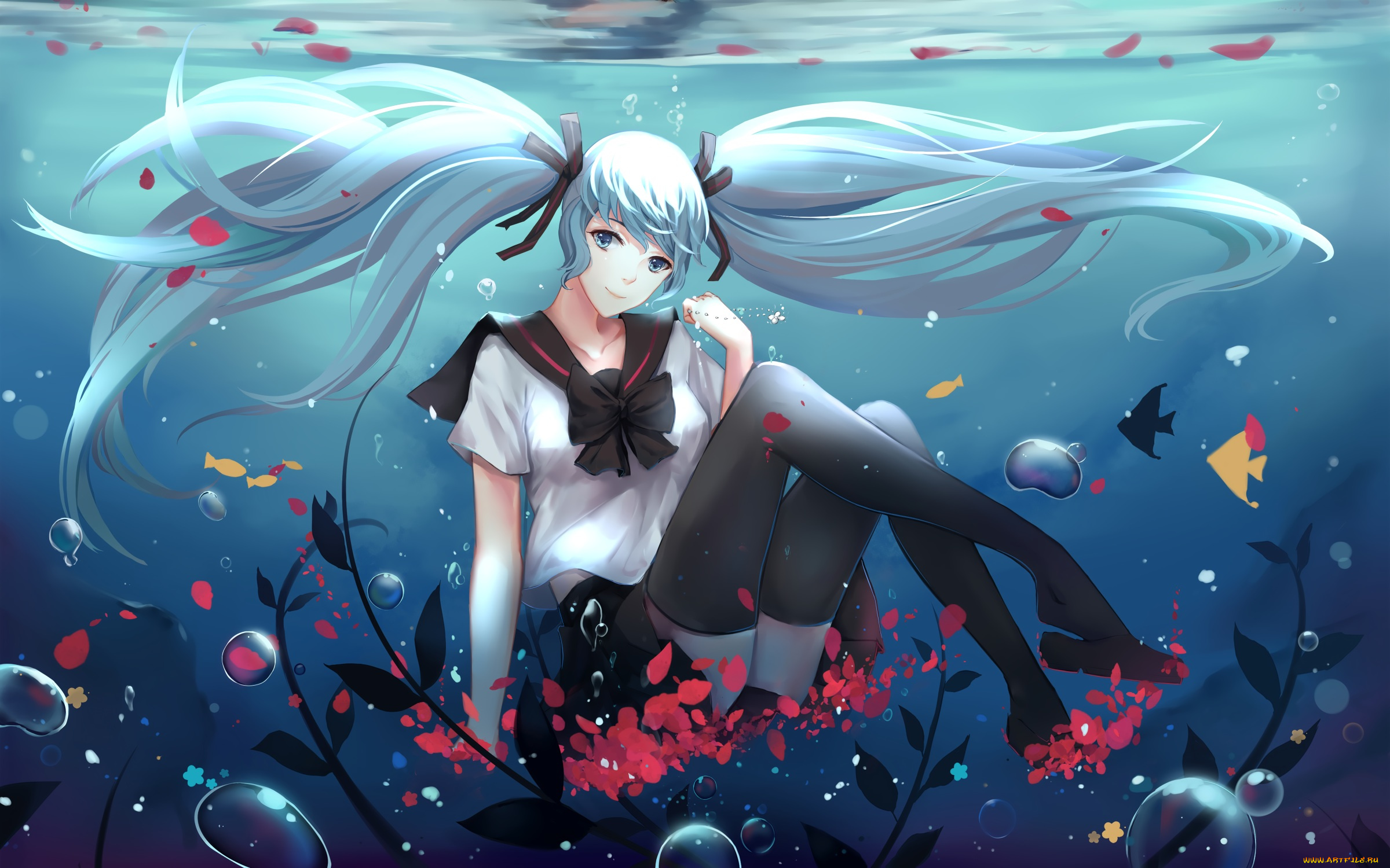 аниме, vocaloid, вода, арт, sfive, девушка, океан, рыбки, hatsune, miku