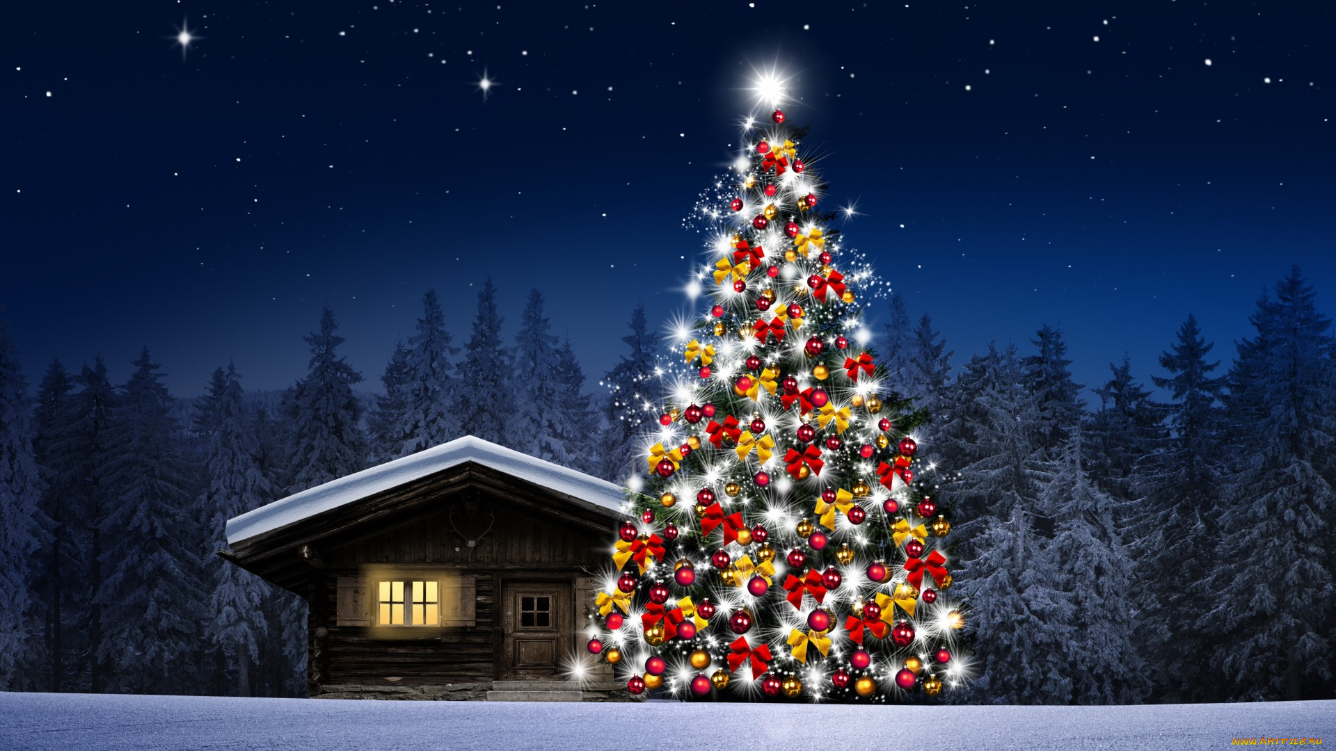 праздничные, Ёлки, новогодняя, елка, елки, winter, рождество, зима, snow, новый, год, украшения, night, christmas, decoration, снег, merry, happy, tree, шары, снежинки