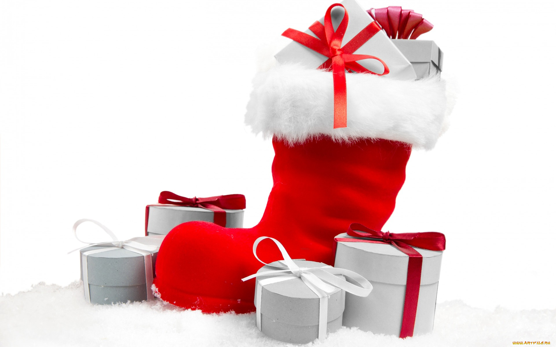 праздничные, подарки, и, коробочки, ленточки, новый, год, рождество, сапог, красный, подарки, праздник, коробки, мех, белый, фон
