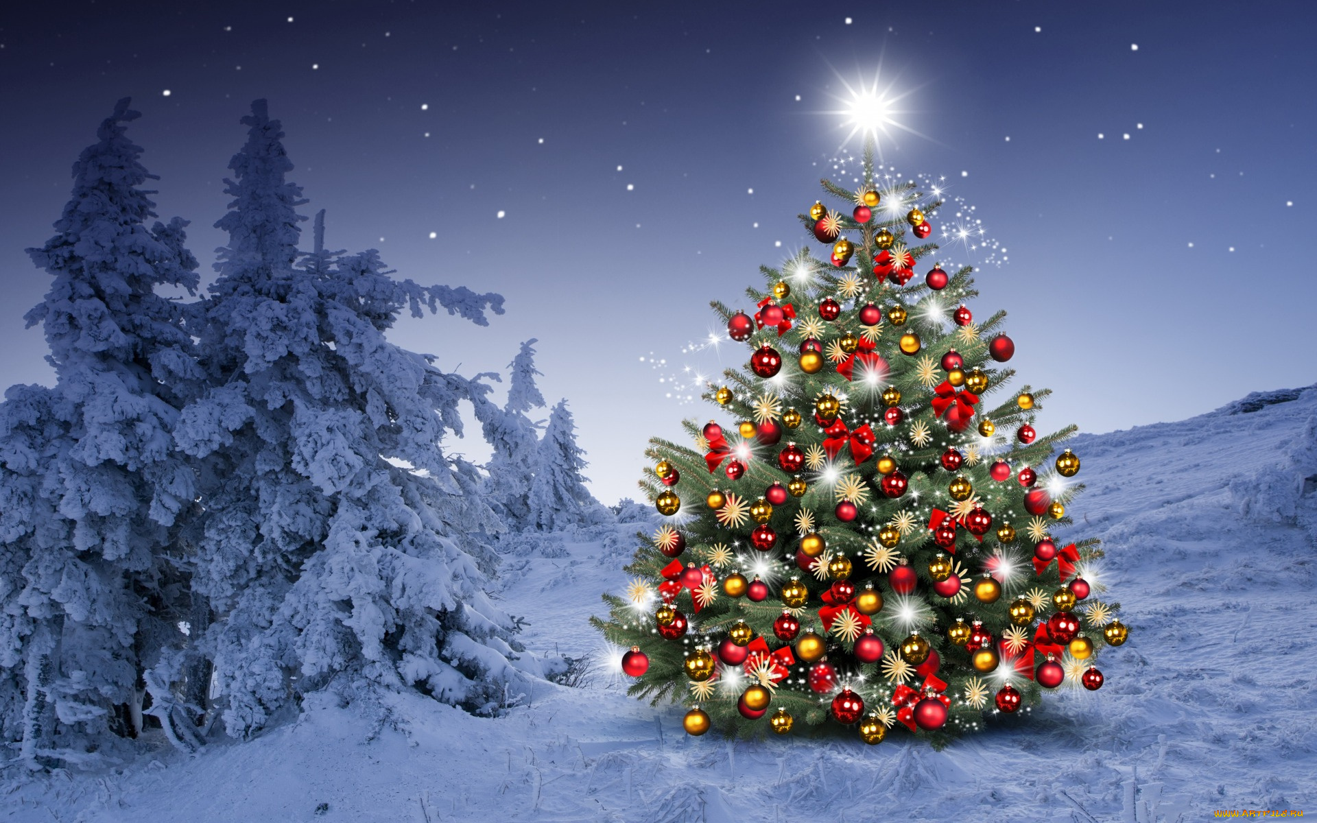 праздничные, Ёлки, merry, christmas, новогодняя, елка, снежинки, новый, год, snow, зима, night, decoration, елки, снег, украшения, happy, tree, шары, рождество, winter