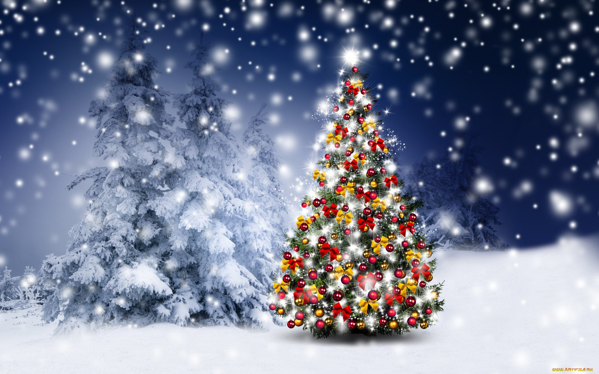 праздничные, Ёлки, снег, елки, winter, украшения, happy, christmas, tree, шары, рождество, decoration, night, новогодняя, елка, merry, зима, snow, снежинки, новый, год