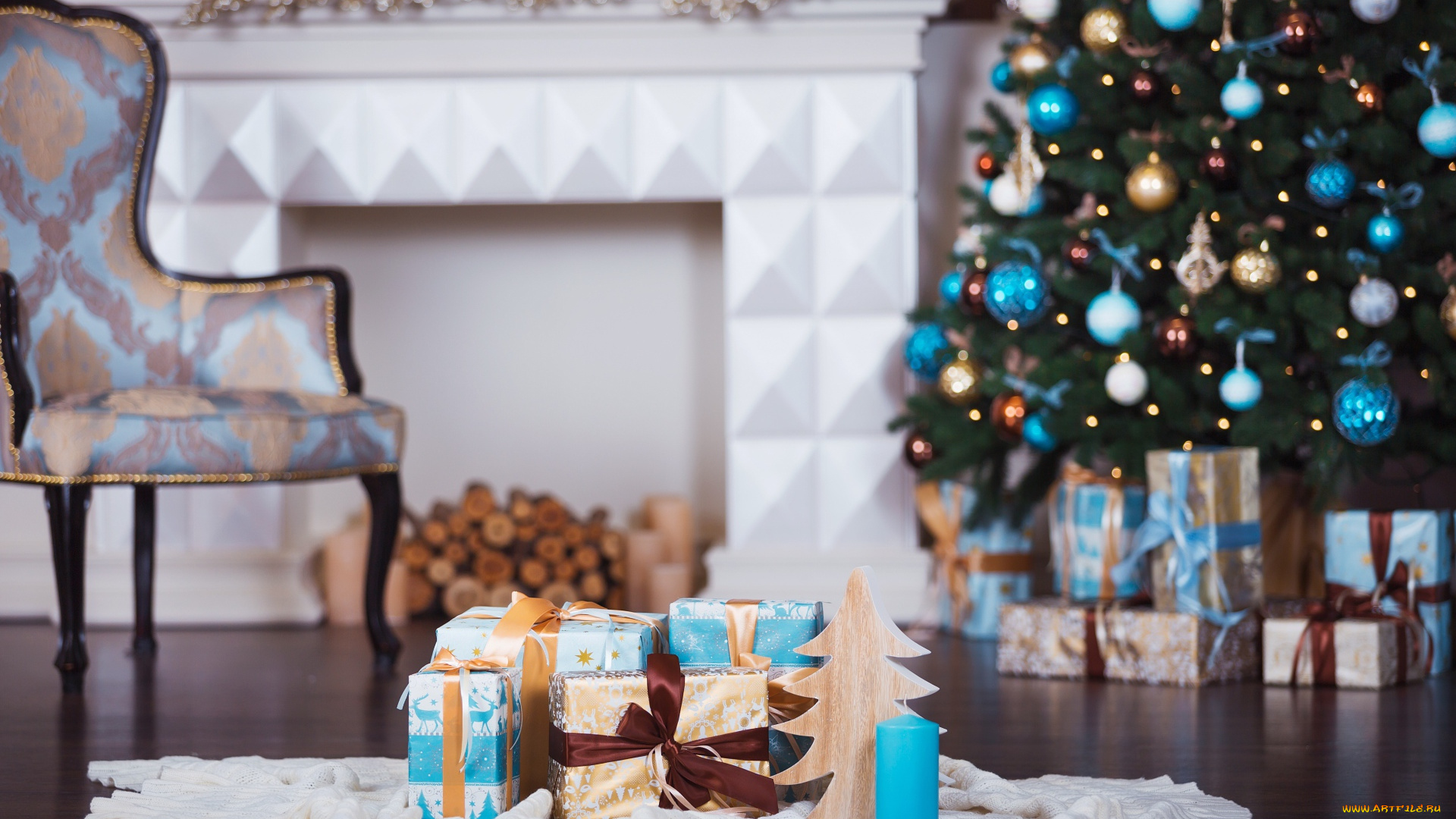 праздничные, подарки, и, коробочки, ёлка, подарки, коробки, кресло, камин, дрова