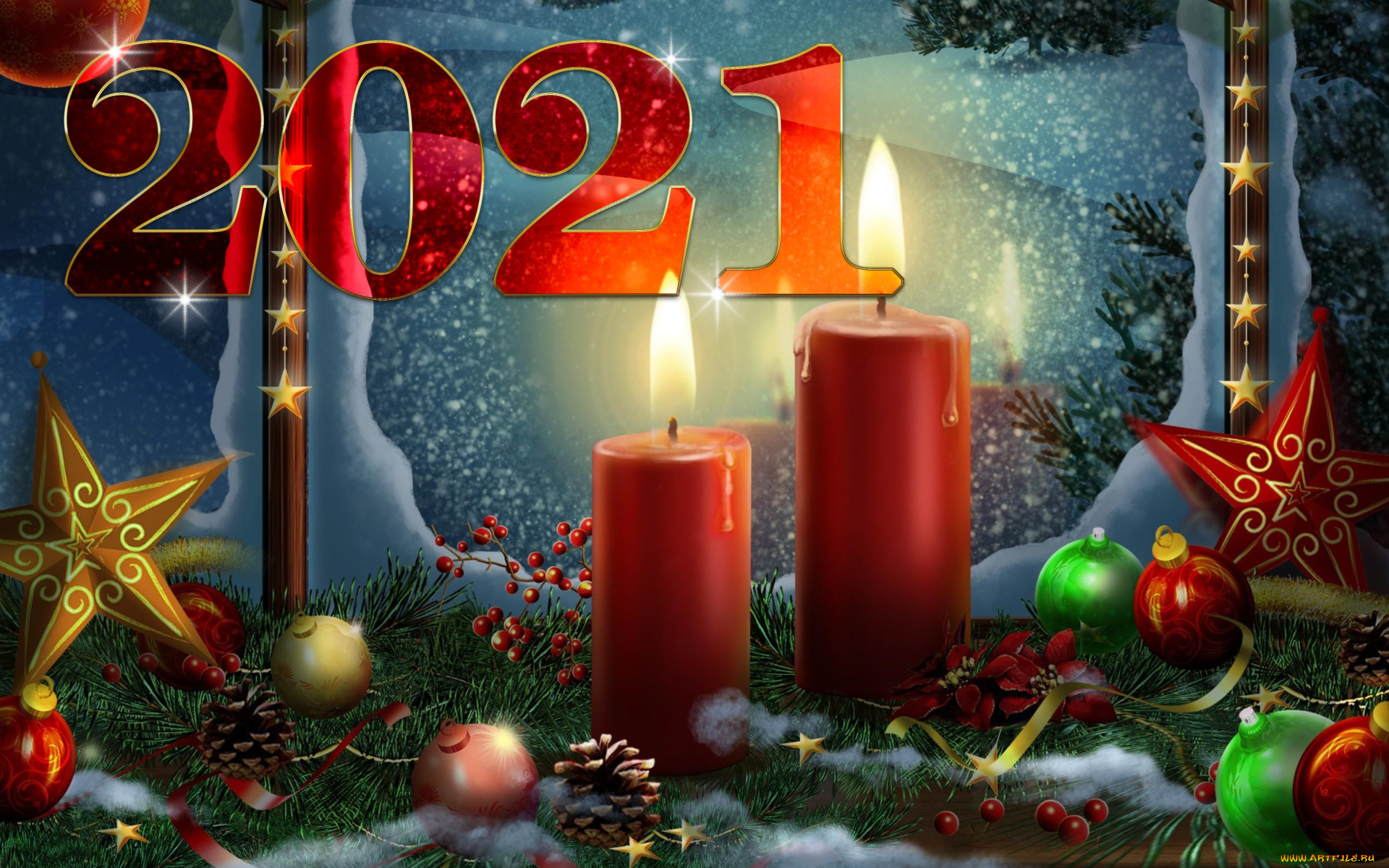праздничные, -, разное, , новый, год, свечи, окно, год, игрушки, ель