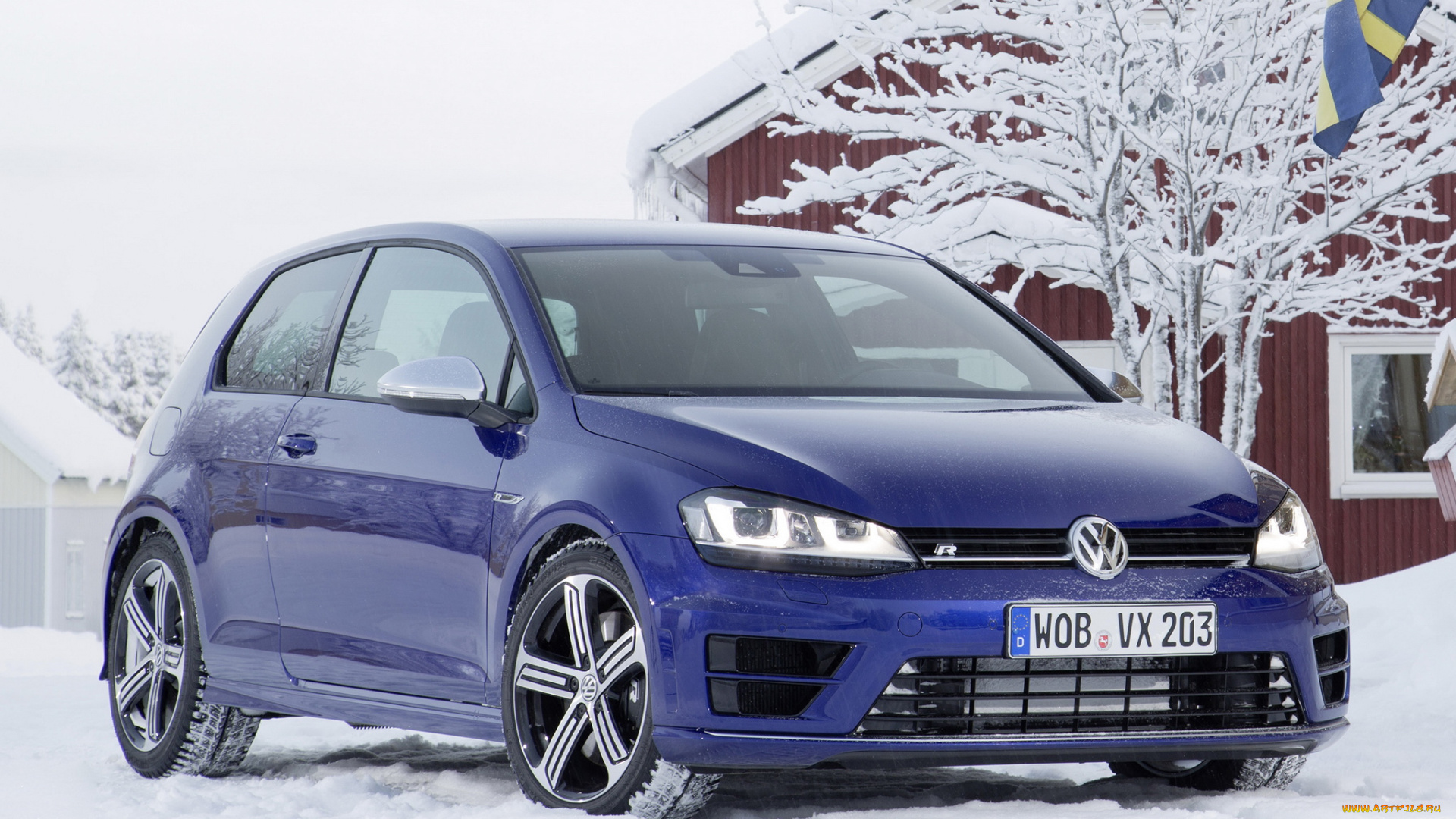 автомобили, volkswagen, снег, golf, r, 3-door, typ, 5g, 2013, синий