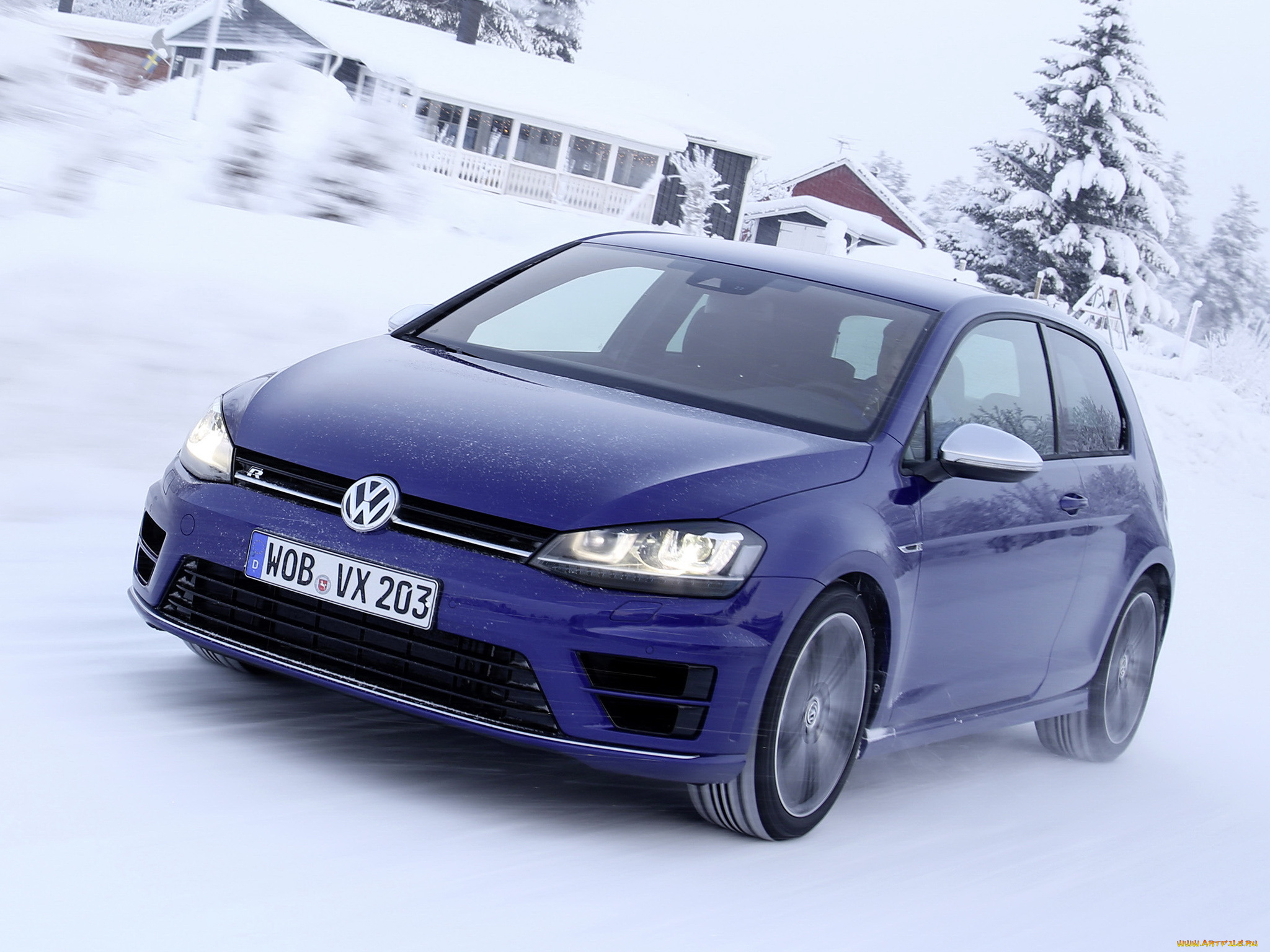 автомобили, volkswagen, снег, golf, r, 3-door, typ, 5g, 2013, синий