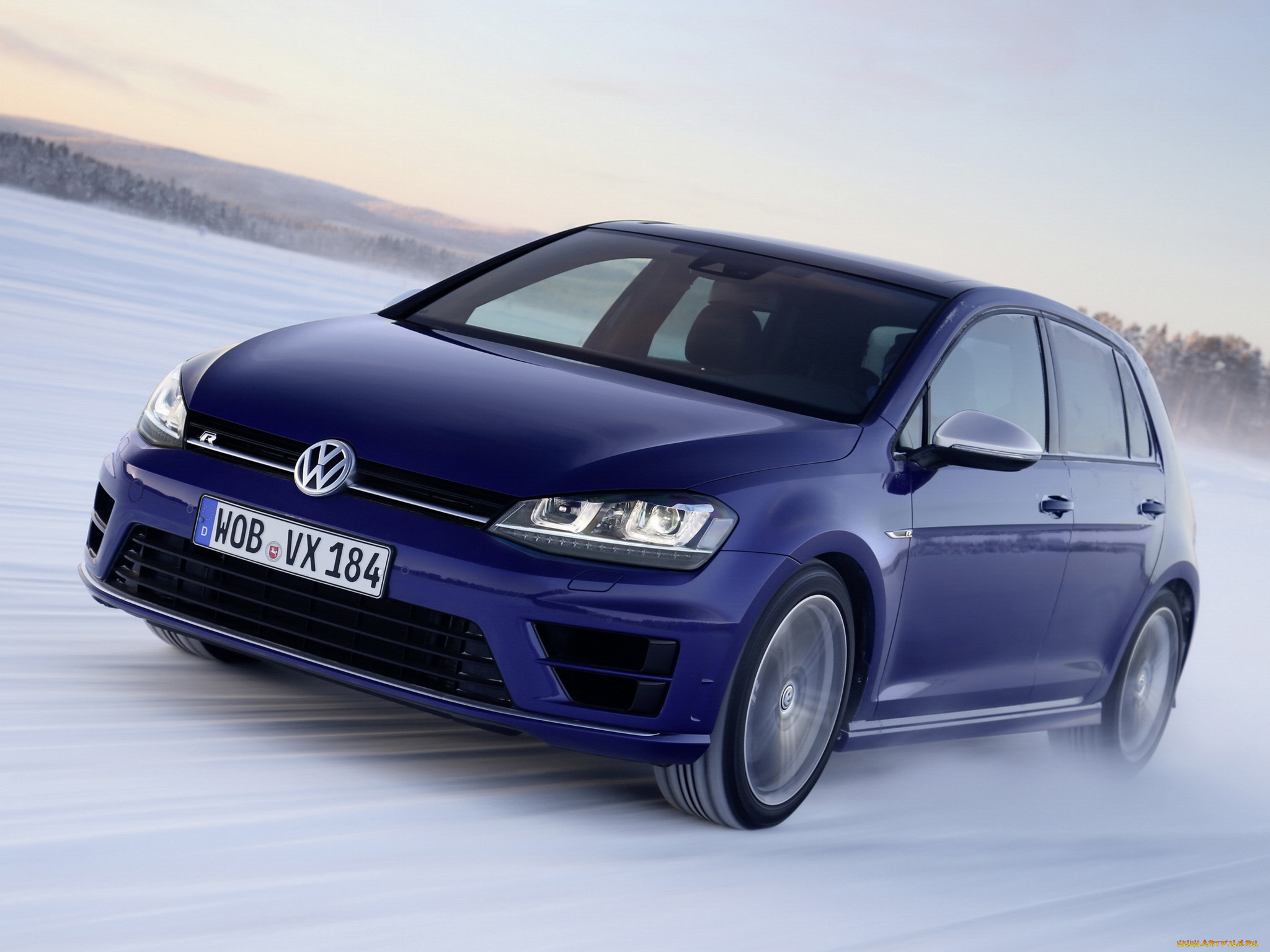 автомобили, volkswagen, снег, golf, r, 3-door, typ, 5g, 2013, синий