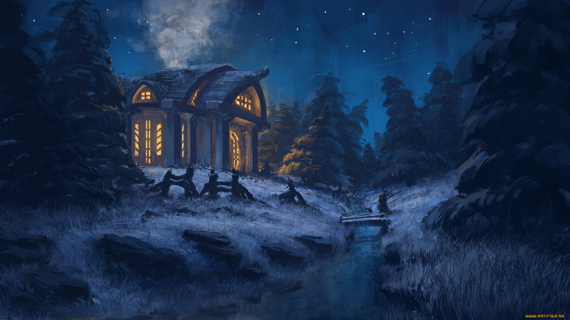 рисованное, живопись, деревья, лес, зима, свет, дом, ели, снег, ночь