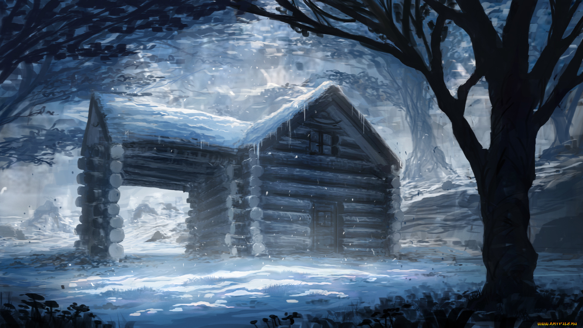 рисованное, живопись, снег, бревенчатый, дом, ночь, зима