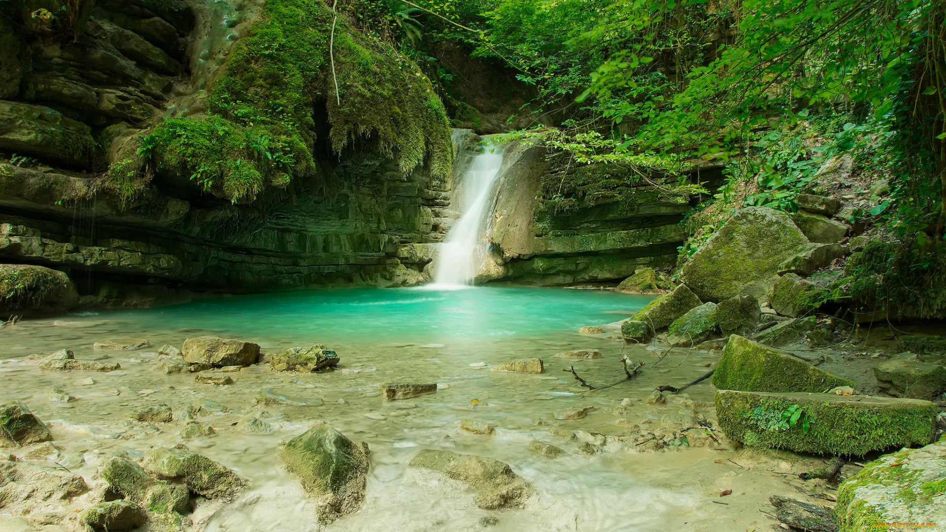 природа, водопады, деревья, скалы, водопад