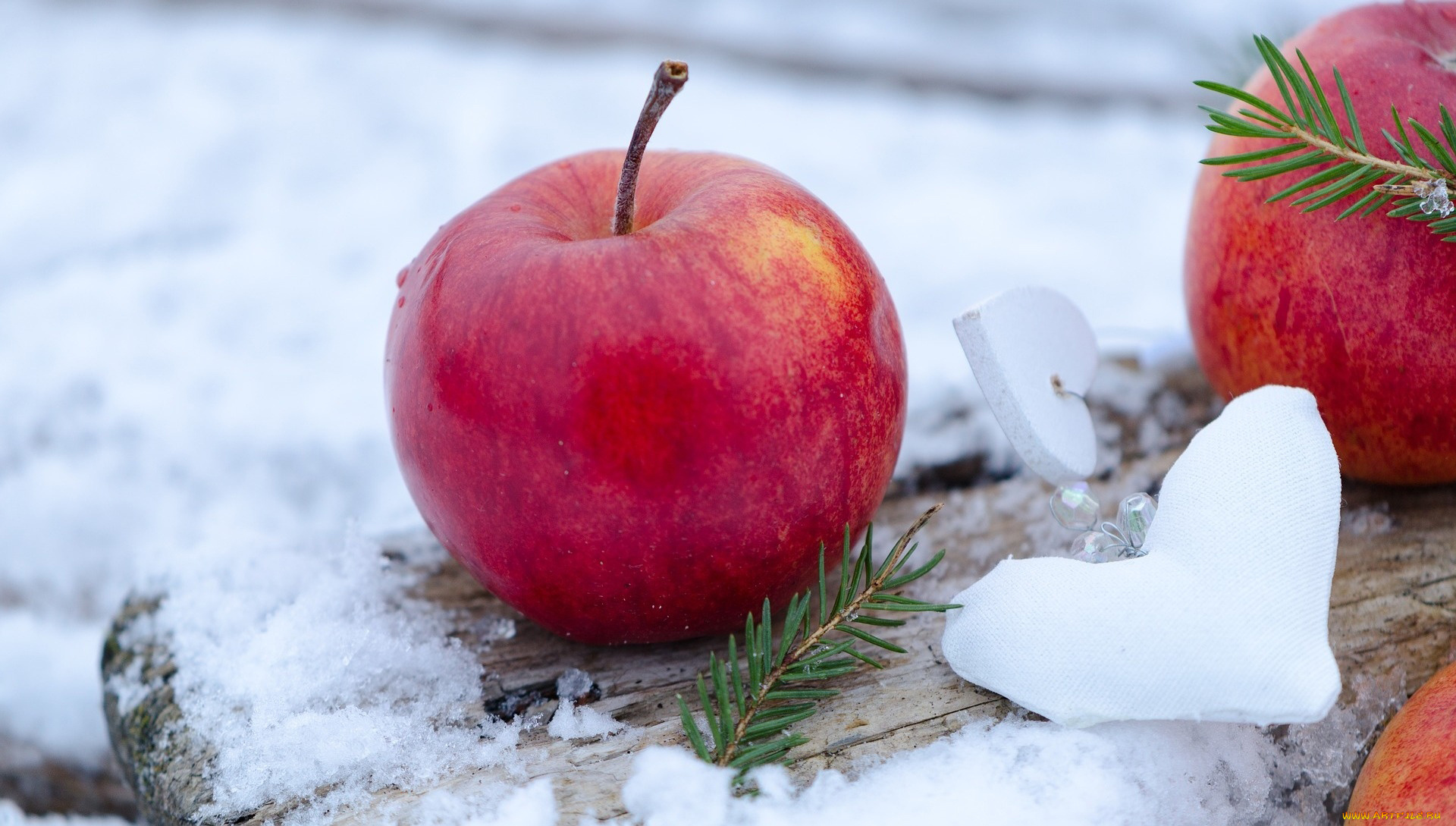 еда, Яблоки, снег, сердечки, яблоки, зима