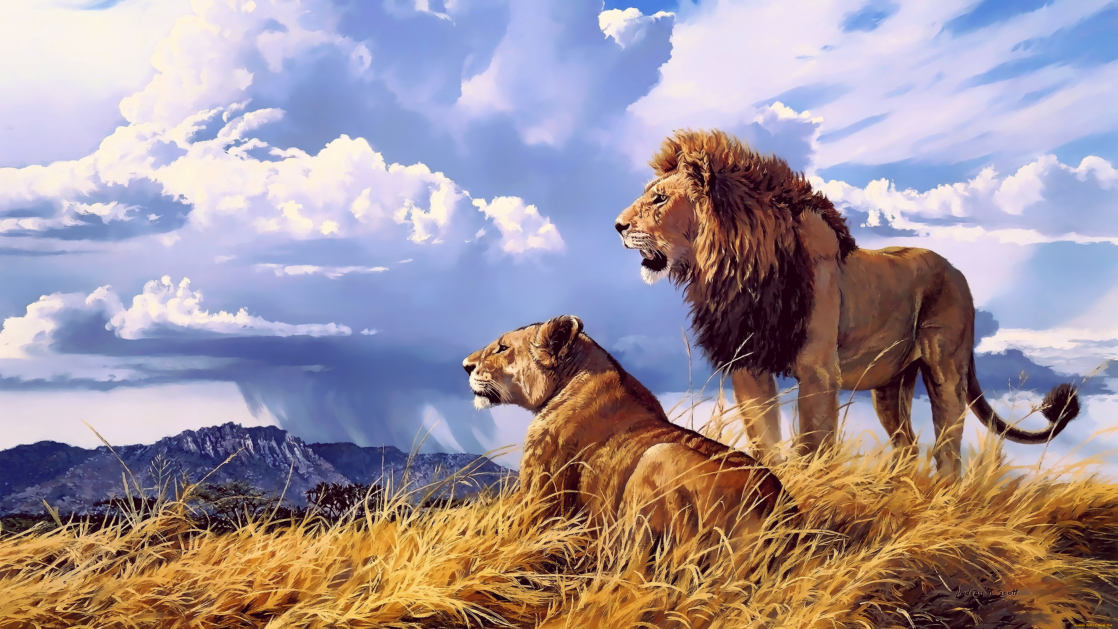 рисованное, животные, , львы, рисунок, картина, львы, лев, львица, хищники, африка, савана, трава, млекопитающие