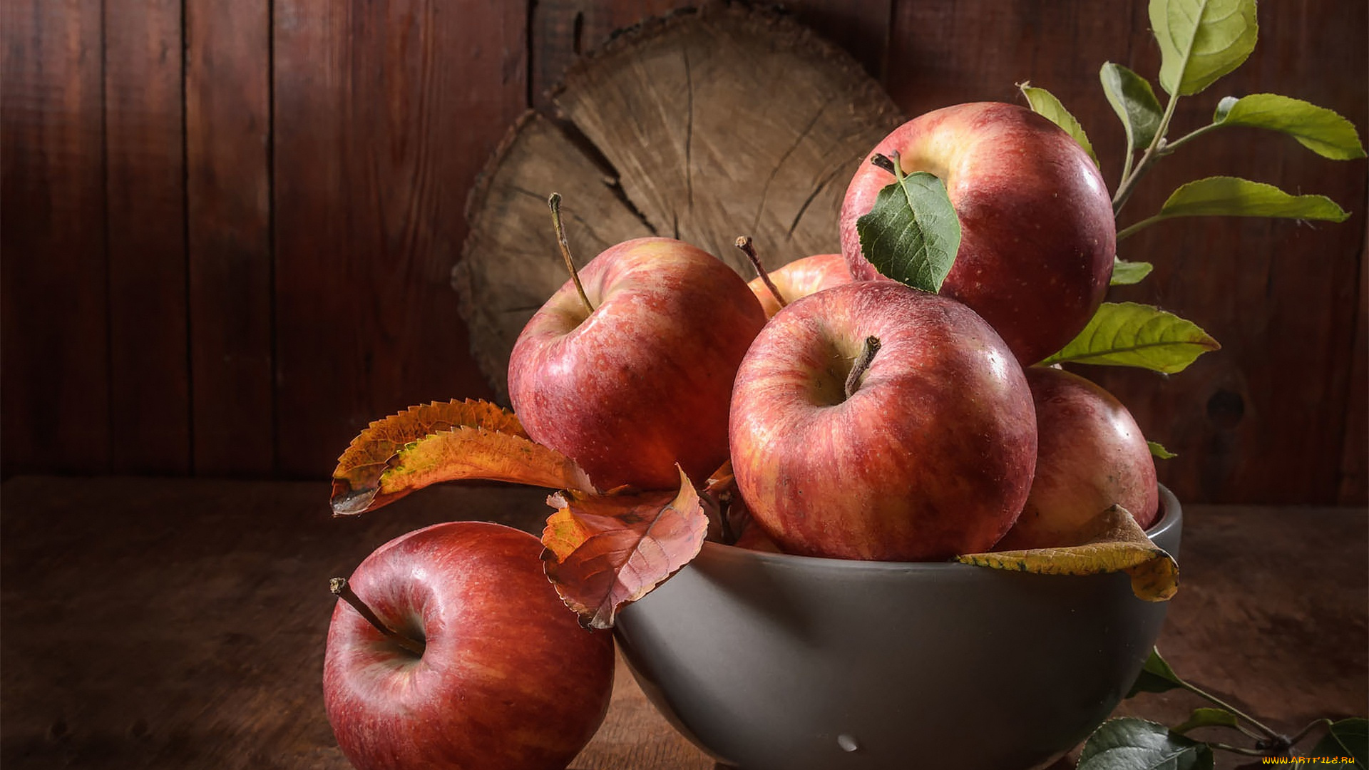 еда, яблоки, листья, стол, доски, красные, миска, фрукты, натюрморт