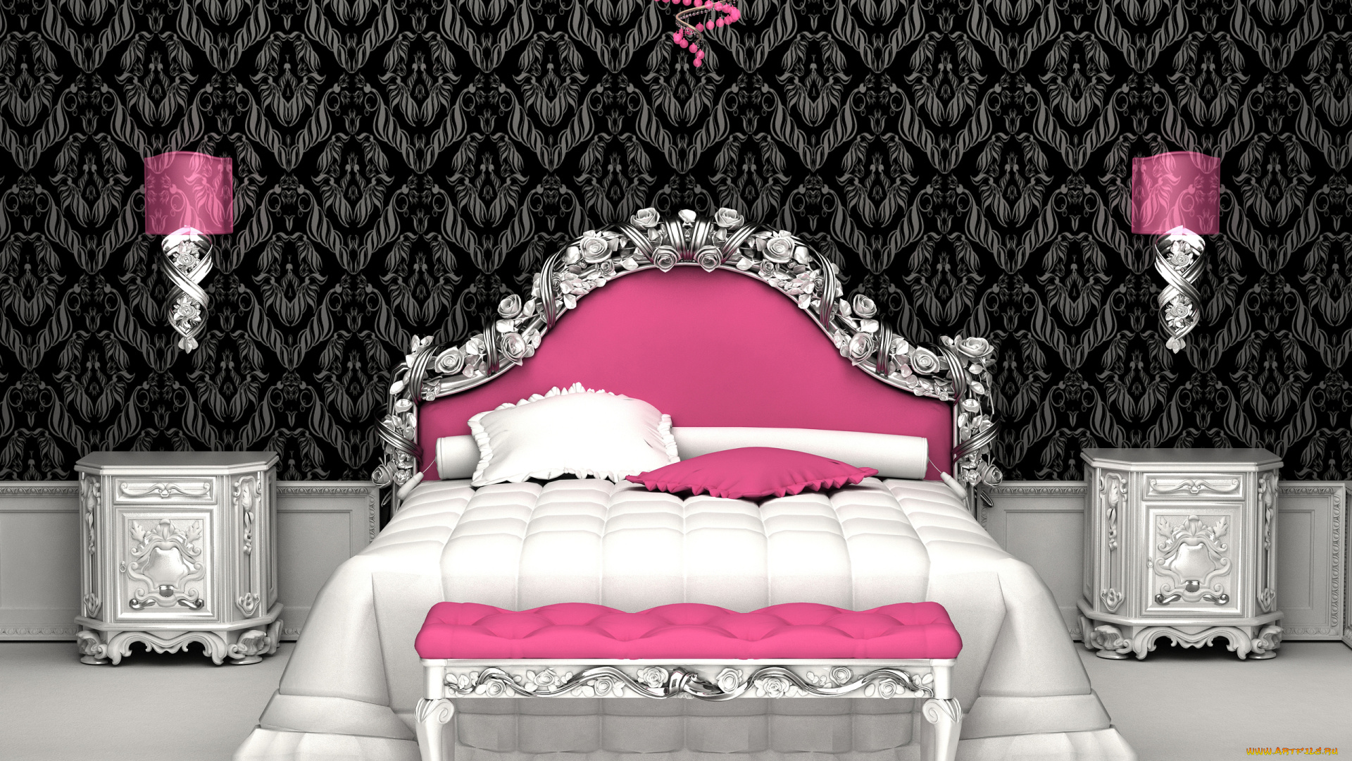 3д, графика, realism, реализм, розовый, кровать, комната