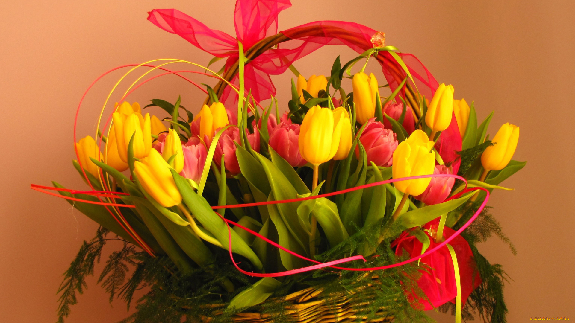 цветы, тюльпаны, корзинка, лента