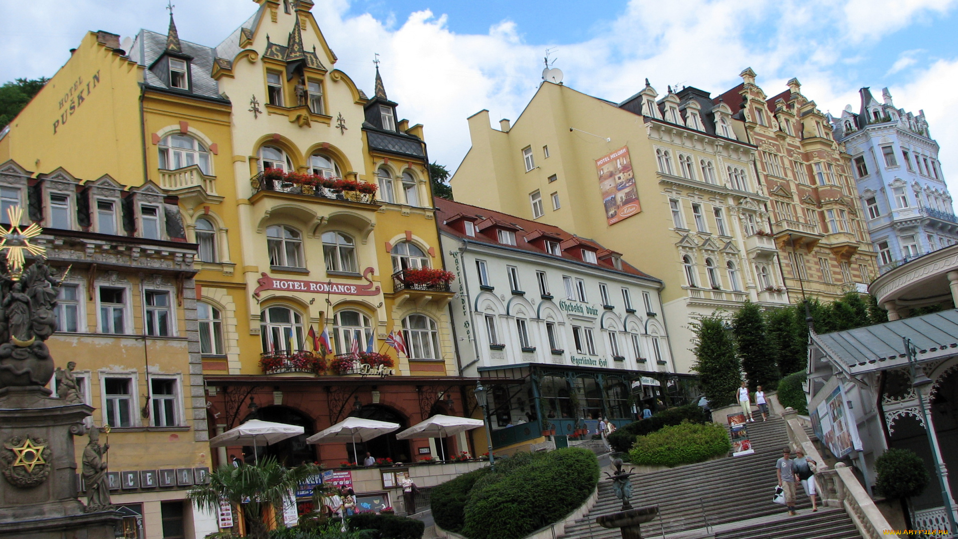 karlovy, vary, Чехия, города, здания, дома, лестница, памятник