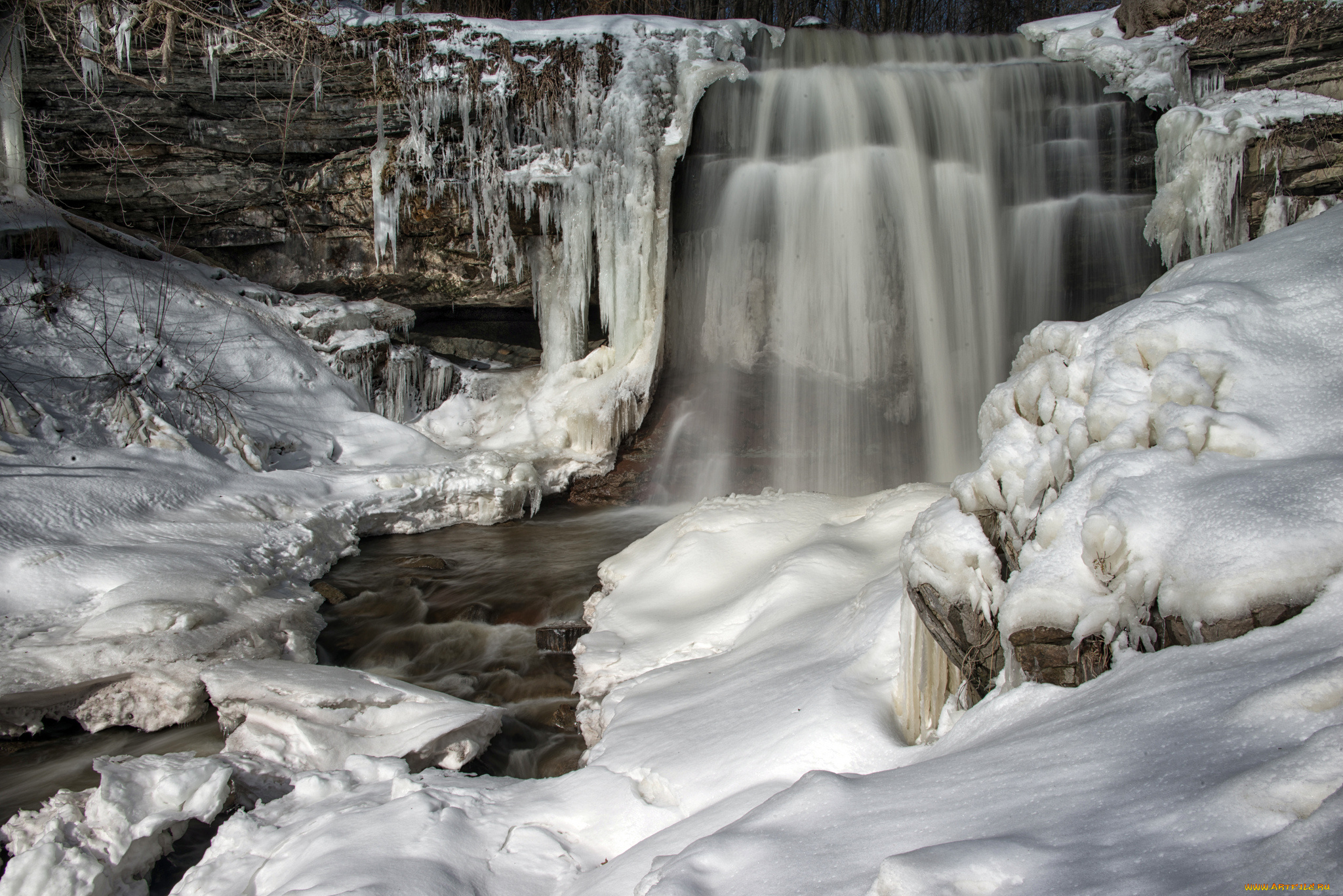 grindstone, falls, , waterdown, ontario, природа, водопады, зима, лед, снег, водопад