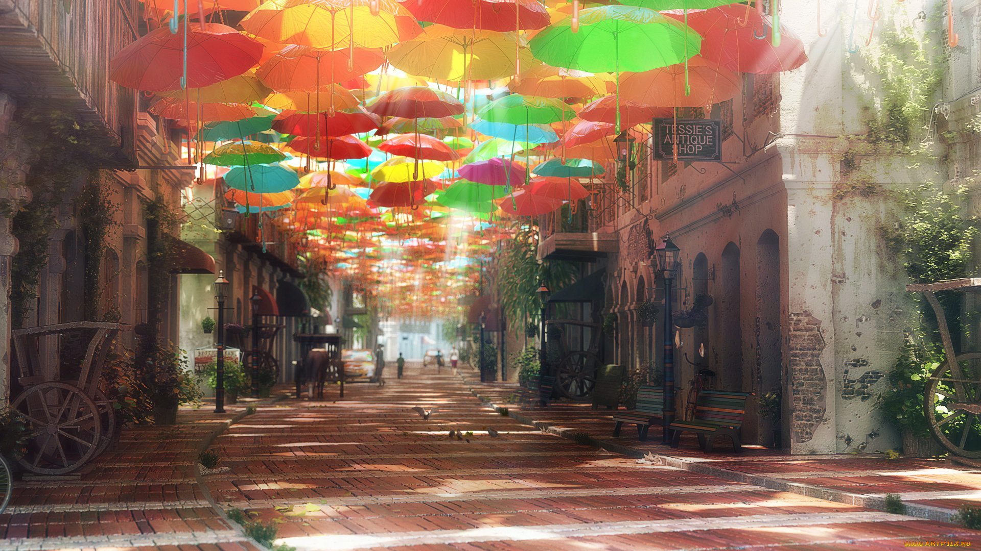 рисованное, города, зонтики, улица, murad, abujaish, город