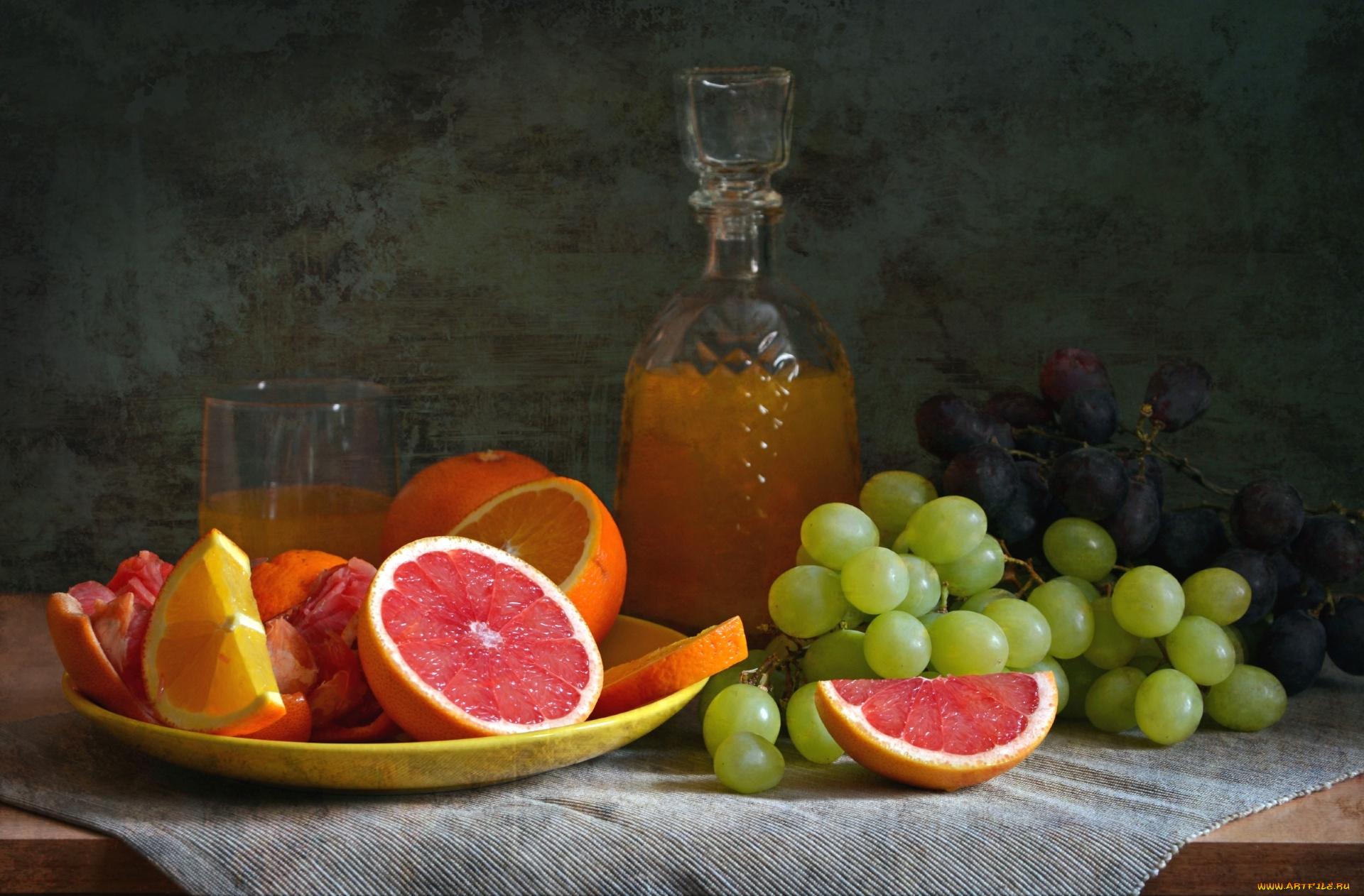 еда, фрукты, , ягоды, натюрморт, цитрусы, грейпфрут, апельсин, виноград, сок