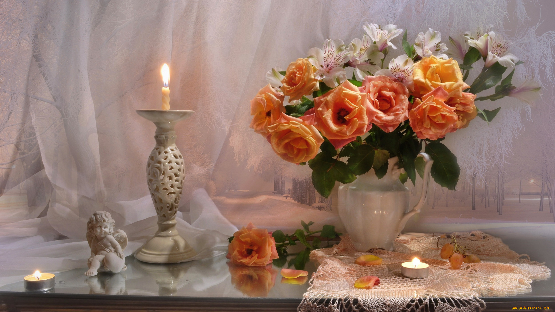 цветы, букеты, , композиции, свечи, ангел, букет, розы, альстромерия