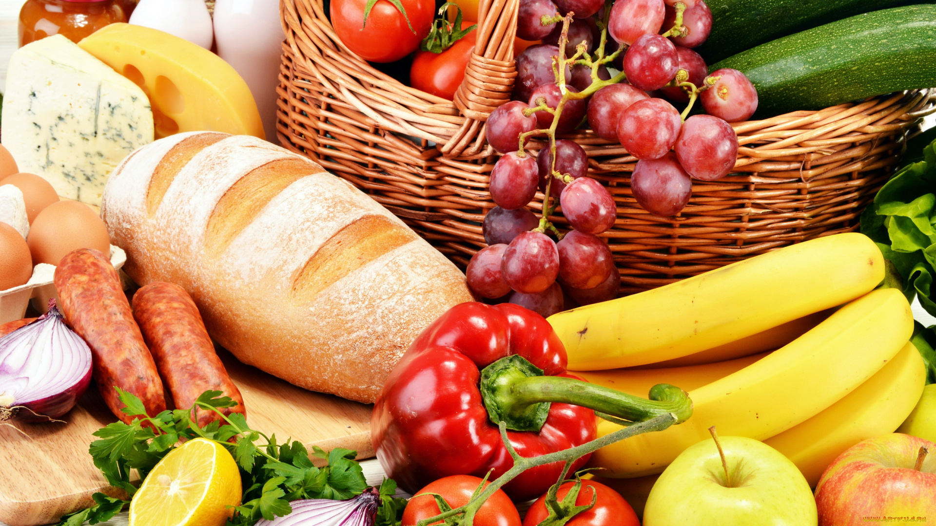 еда, разное, хлеб, колбаса, сыр, фрукты, овощи