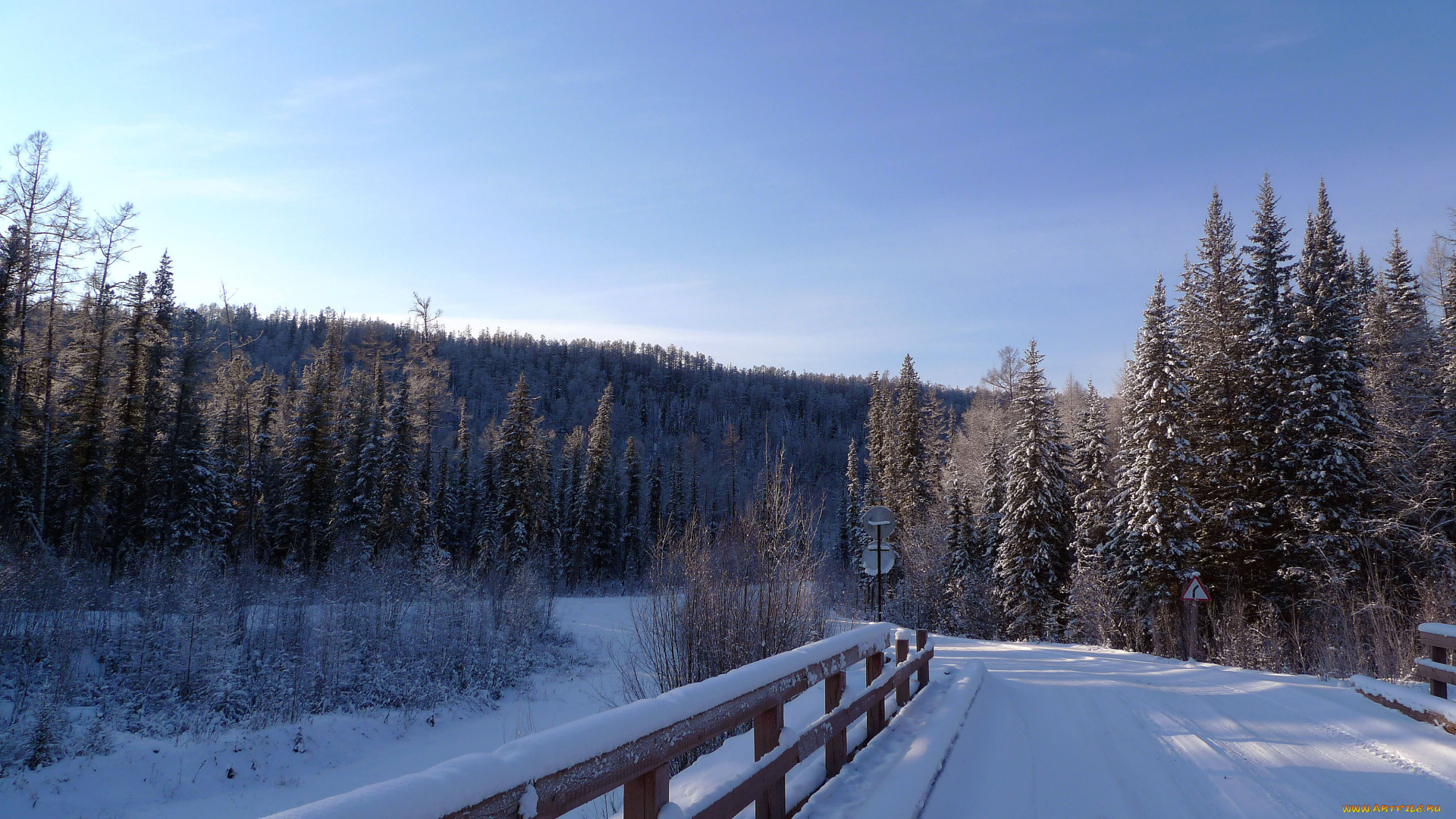 природа, зима, ели, небо, дорога, мост, снег