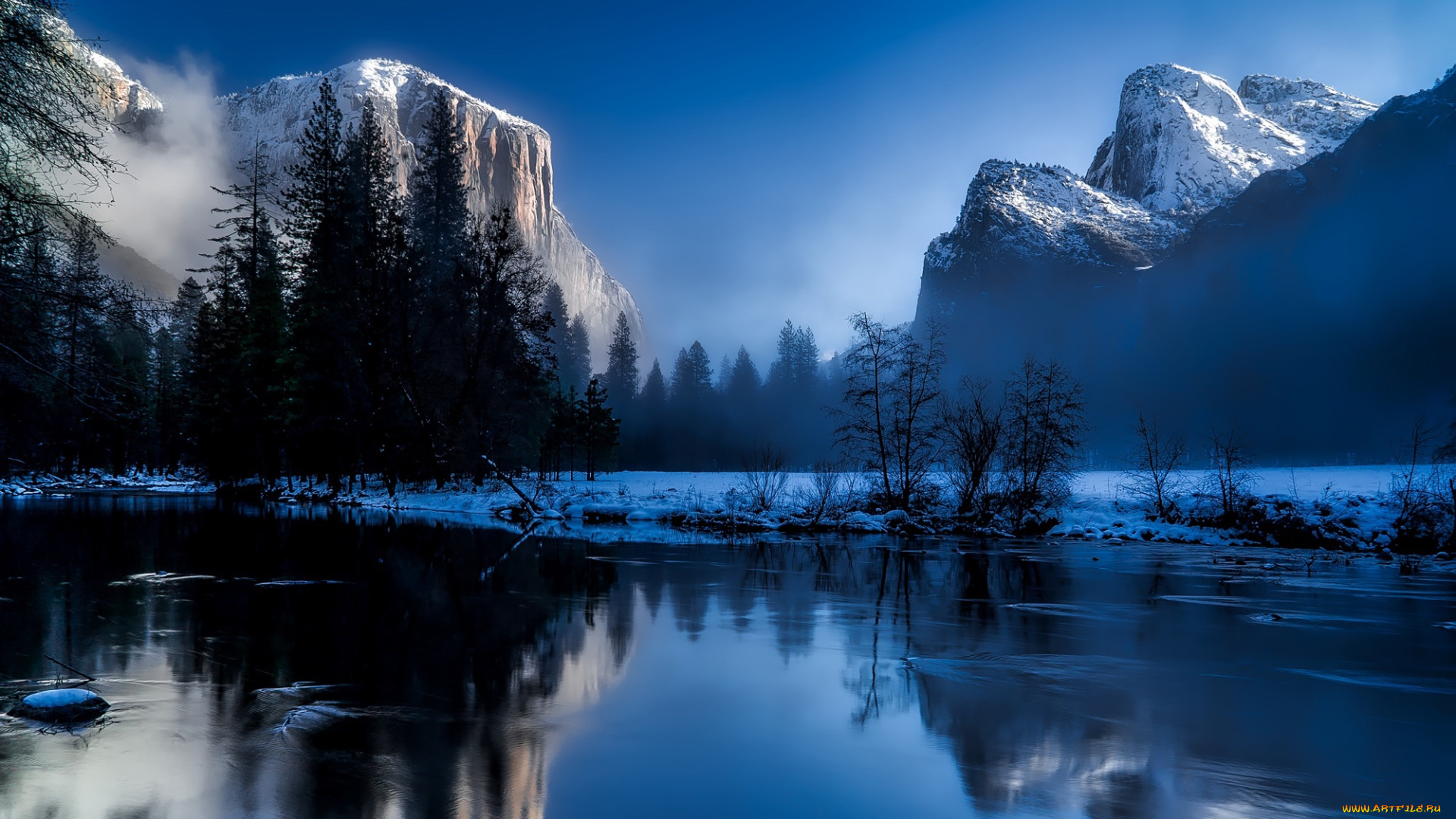 природа, реки, озера, калифорния, вода, рассвет, скалы, yosemite, national, park, зима, туман, деревья, снег, горы, лес, сша