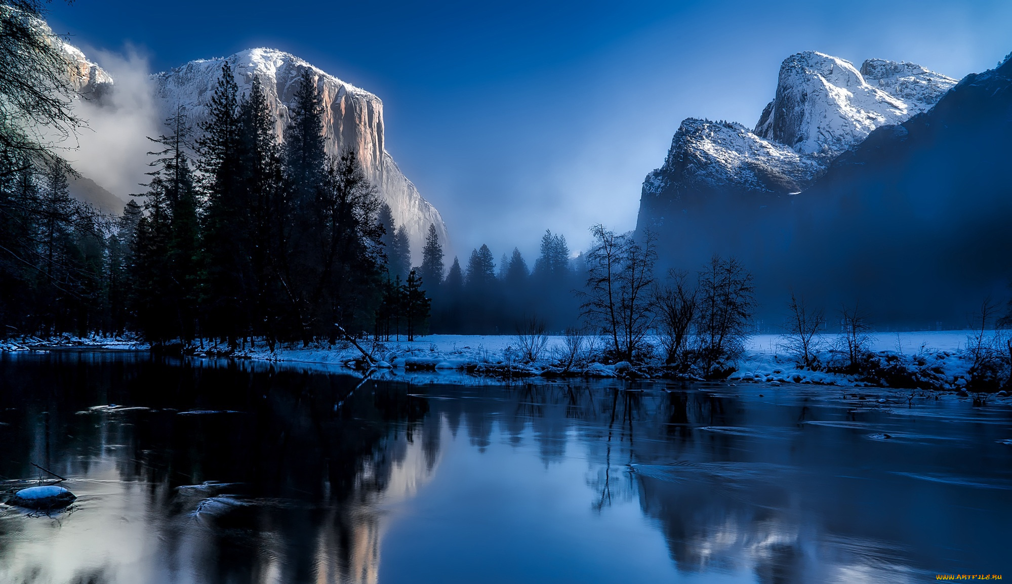 природа, реки, озера, калифорния, вода, рассвет, скалы, yosemite, national, park, зима, туман, деревья, снег, горы, лес, сша