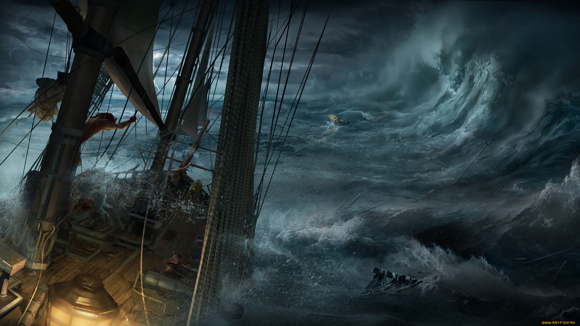 корабли, рисованные, шторм, корабль, палуба, мачты, волны, стихия