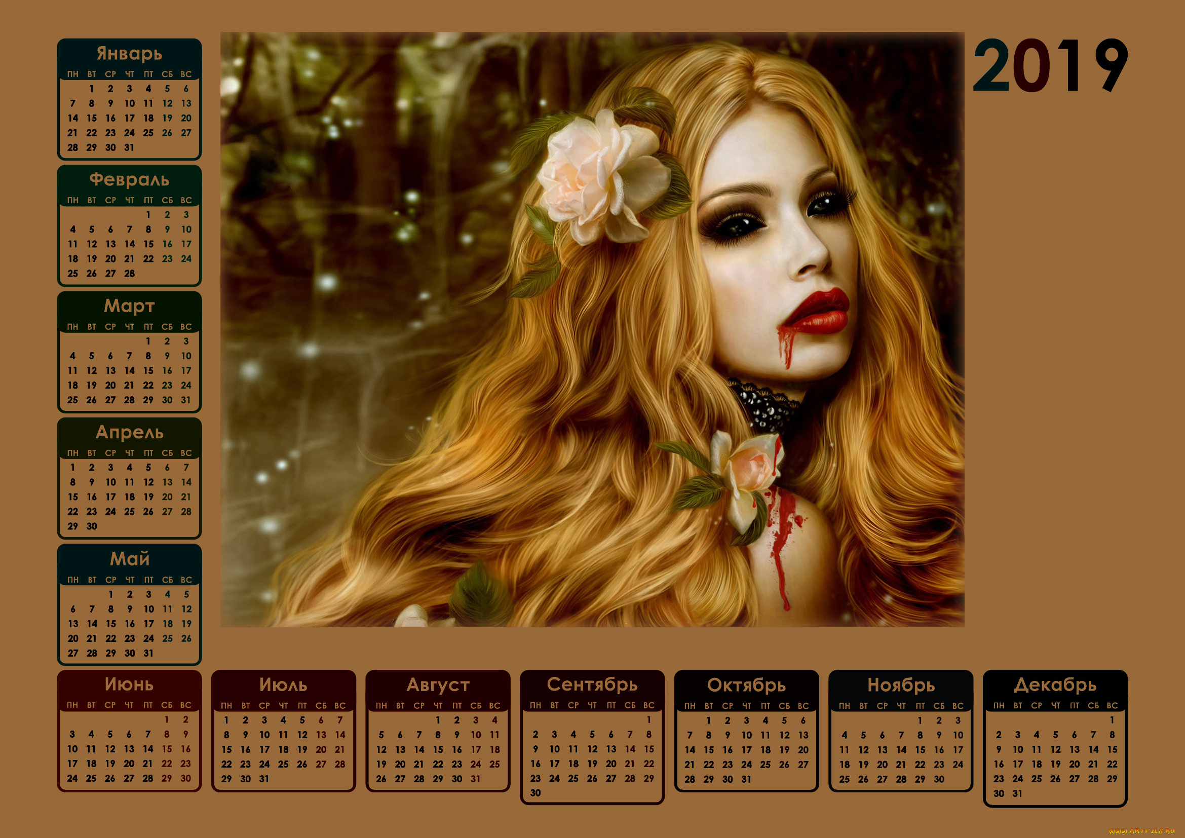 календари, фэнтези, цветы, кровь, девушка, вампир