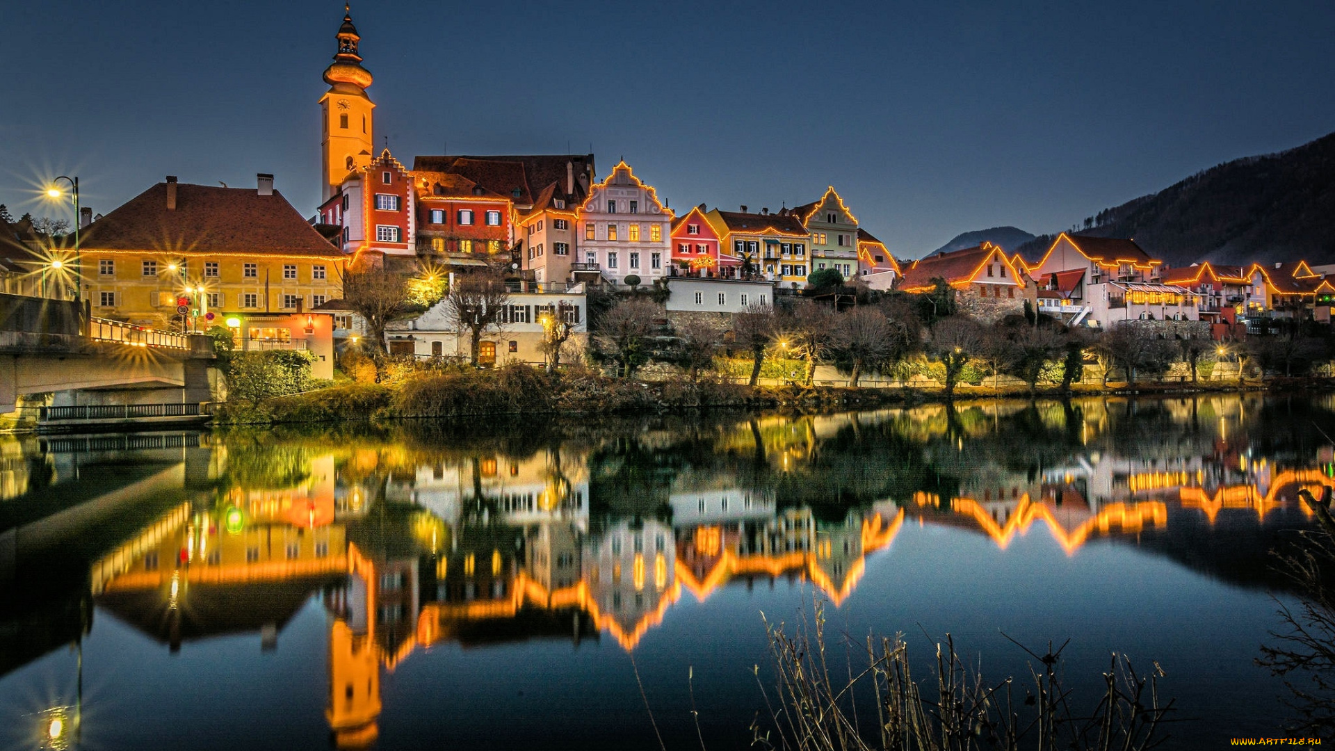 frohnleiten, austria, города, -, огни, ночного, города