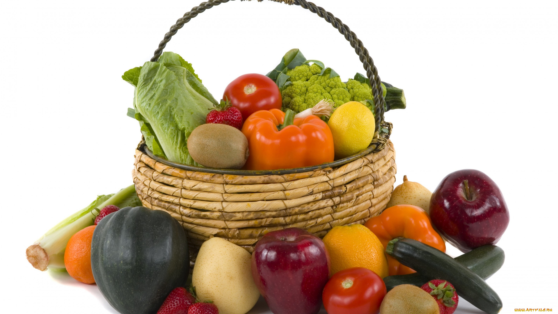 еда, фрукты, овощи, вместе, перец, салат, яблоки, клубника, лимон