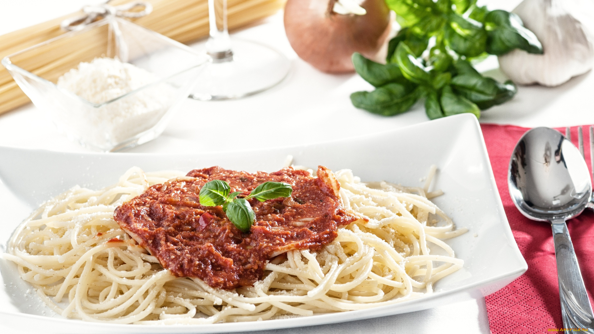 еда, макаронные, блюда, базилик, соус, спагетти