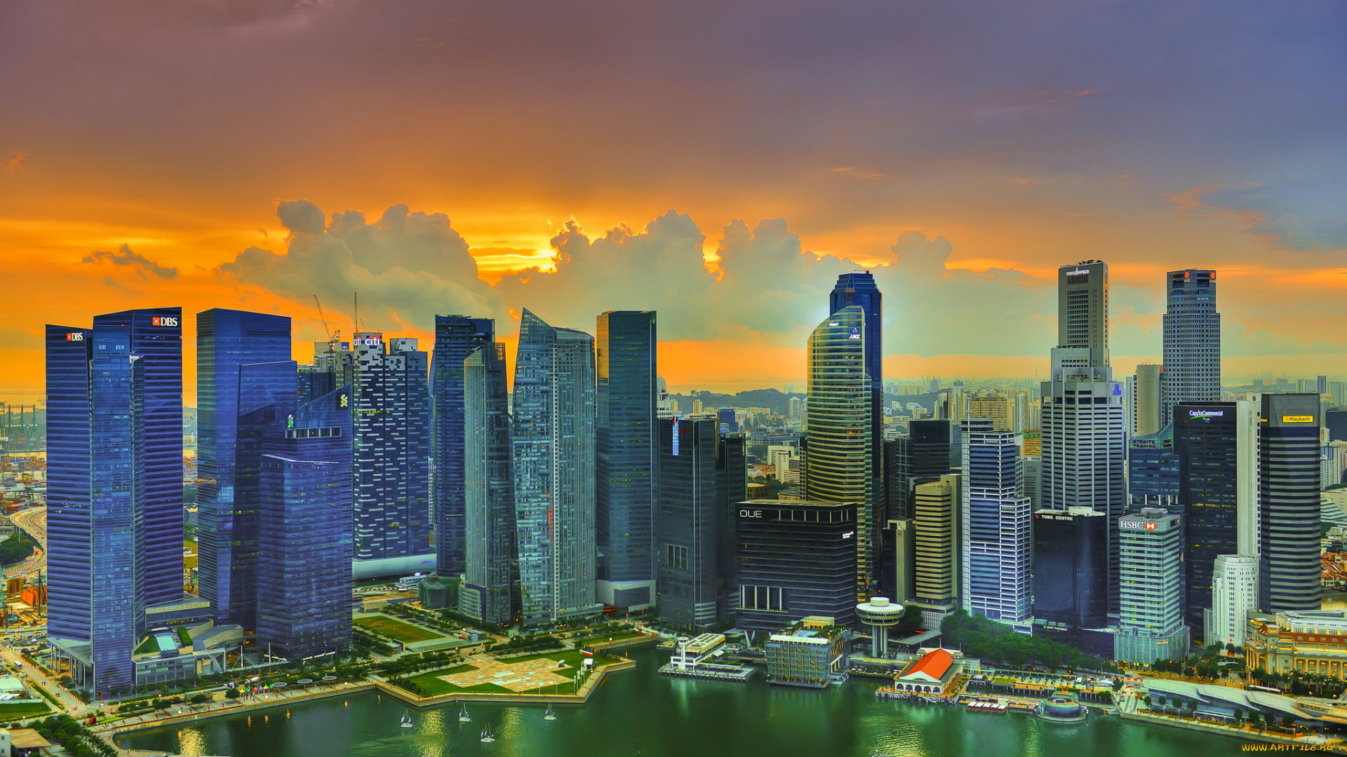 города, сингапур, закат, солнце, облака, небоскребы