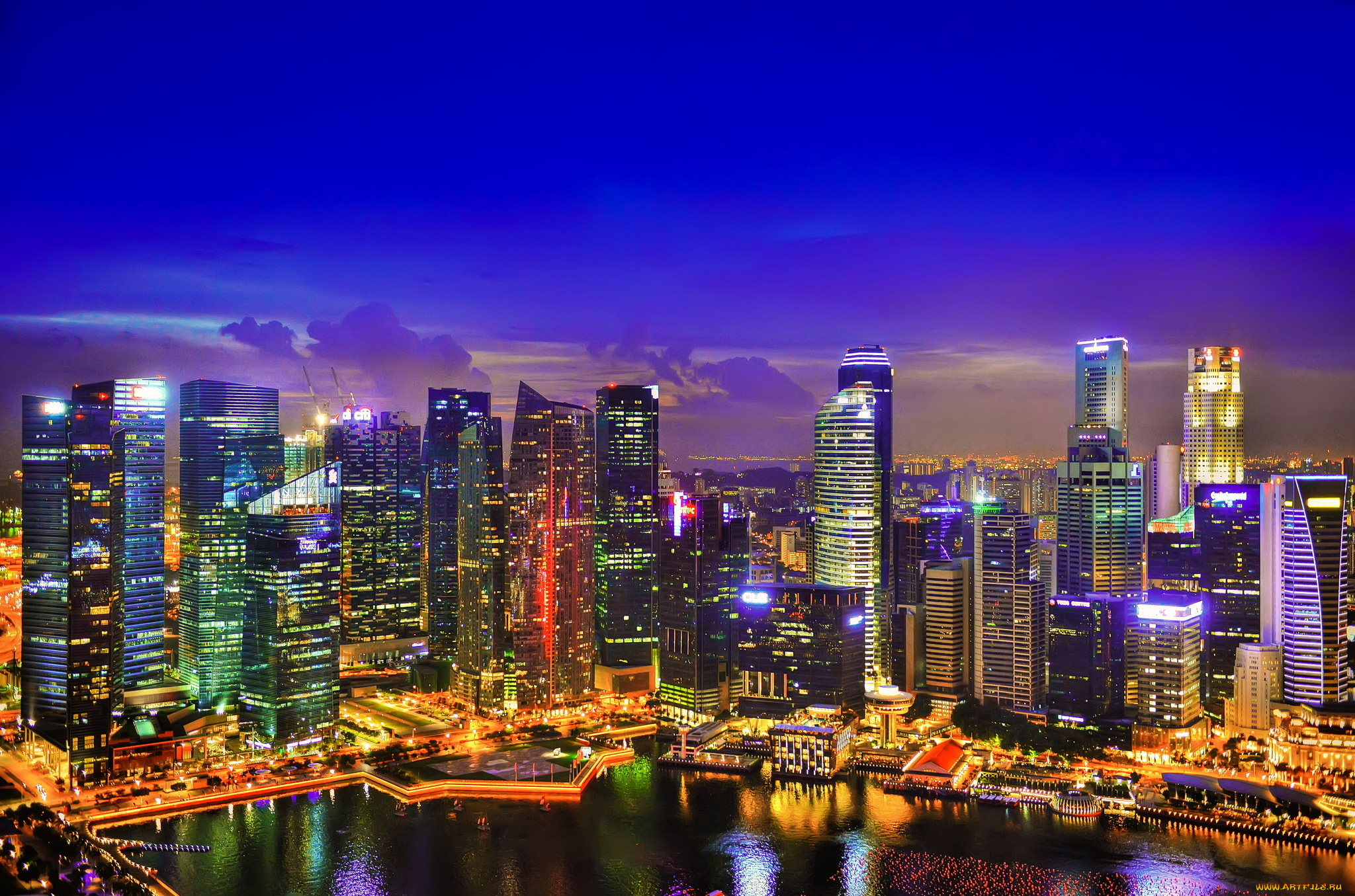 города, сингапур, небоскребы, ночь, огни