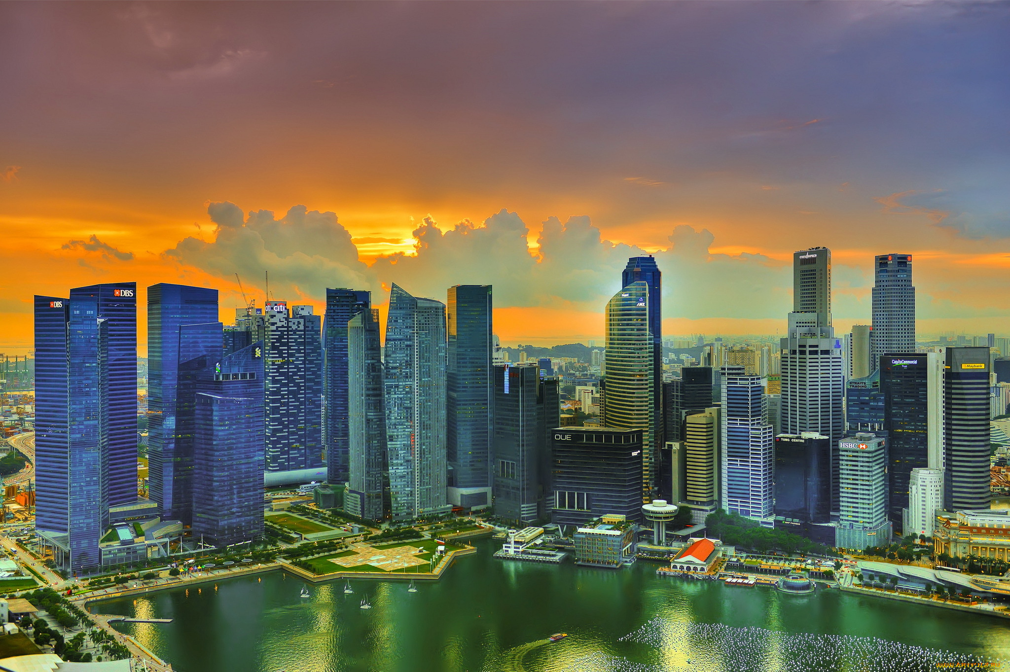 города, сингапур, закат, солнце, облака, небоскребы