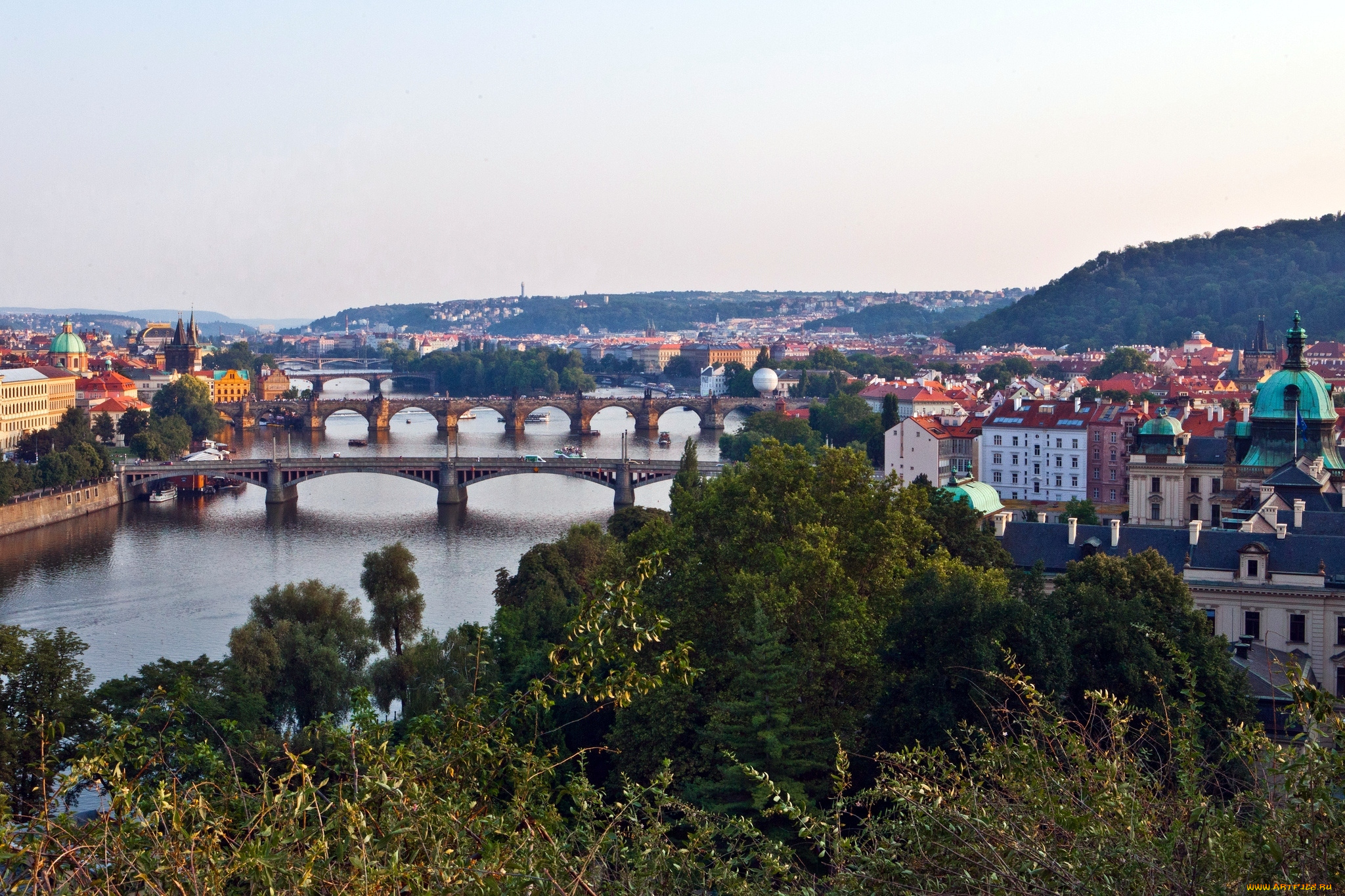 города, прага, Чехия, мосты, река, панорама