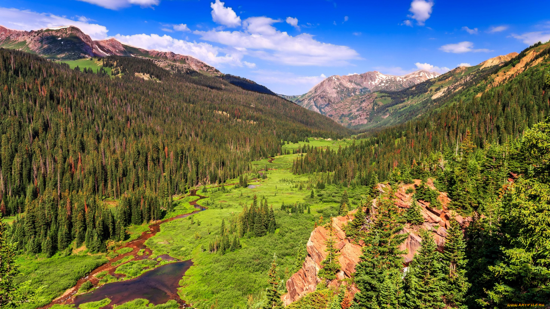 природа, пейзажи, долина, скалы, горы, речка, деревья, облака, colorado, леса, сша, колорадо