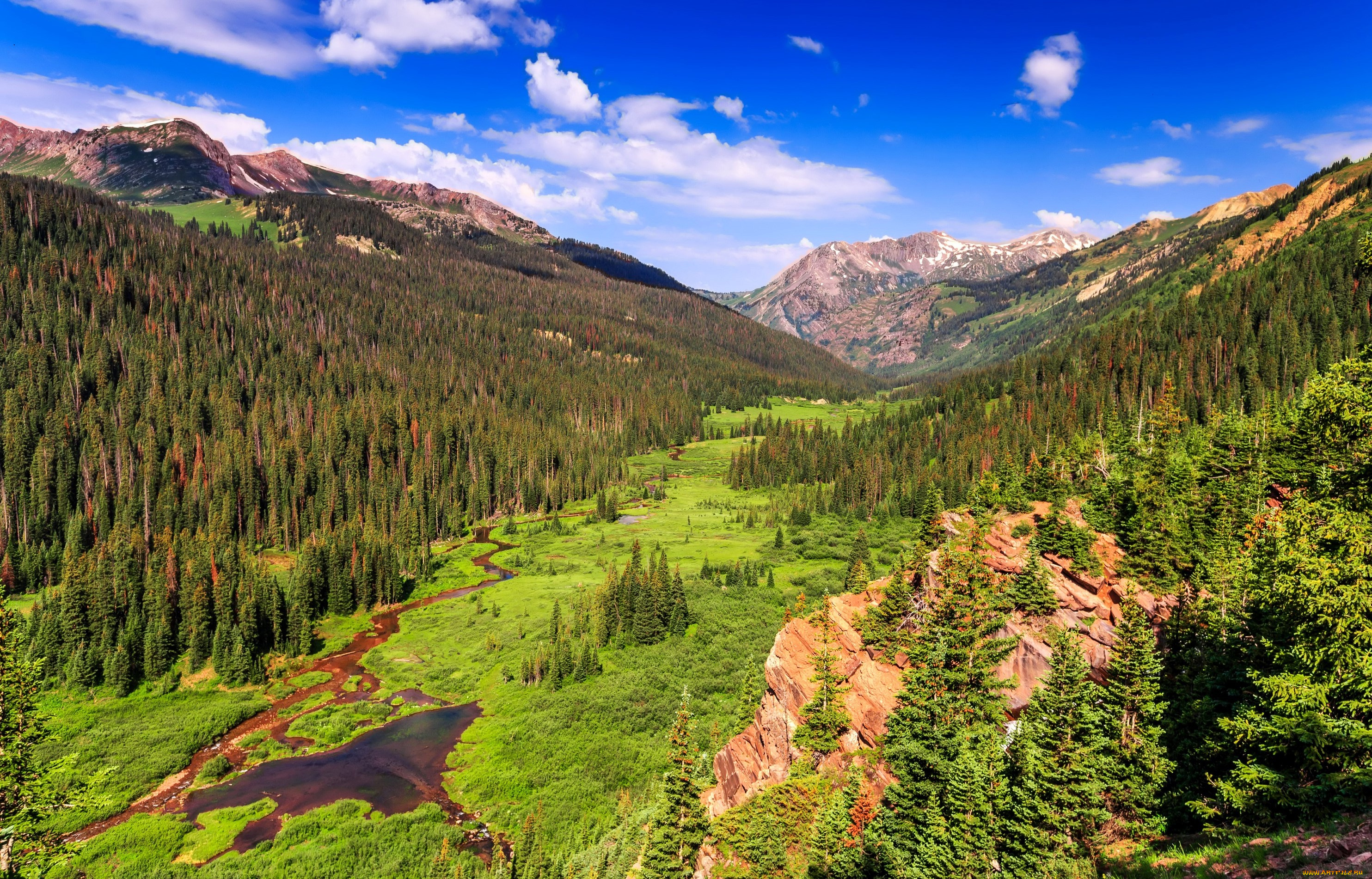 природа, пейзажи, долина, скалы, горы, речка, деревья, облака, colorado, леса, сша, колорадо