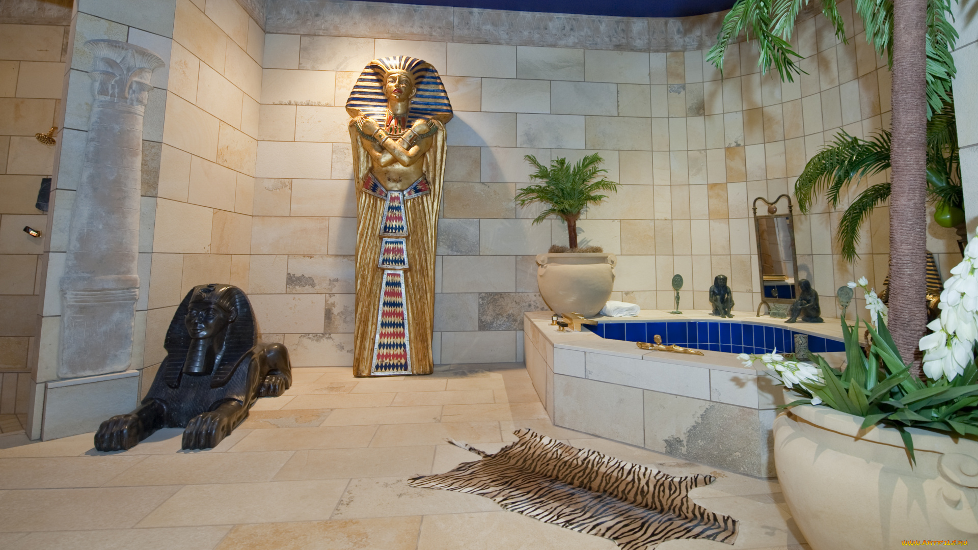 интерьер, ванная, и, туалетная, комнаты, египет, статуи, пальмы, ванна
