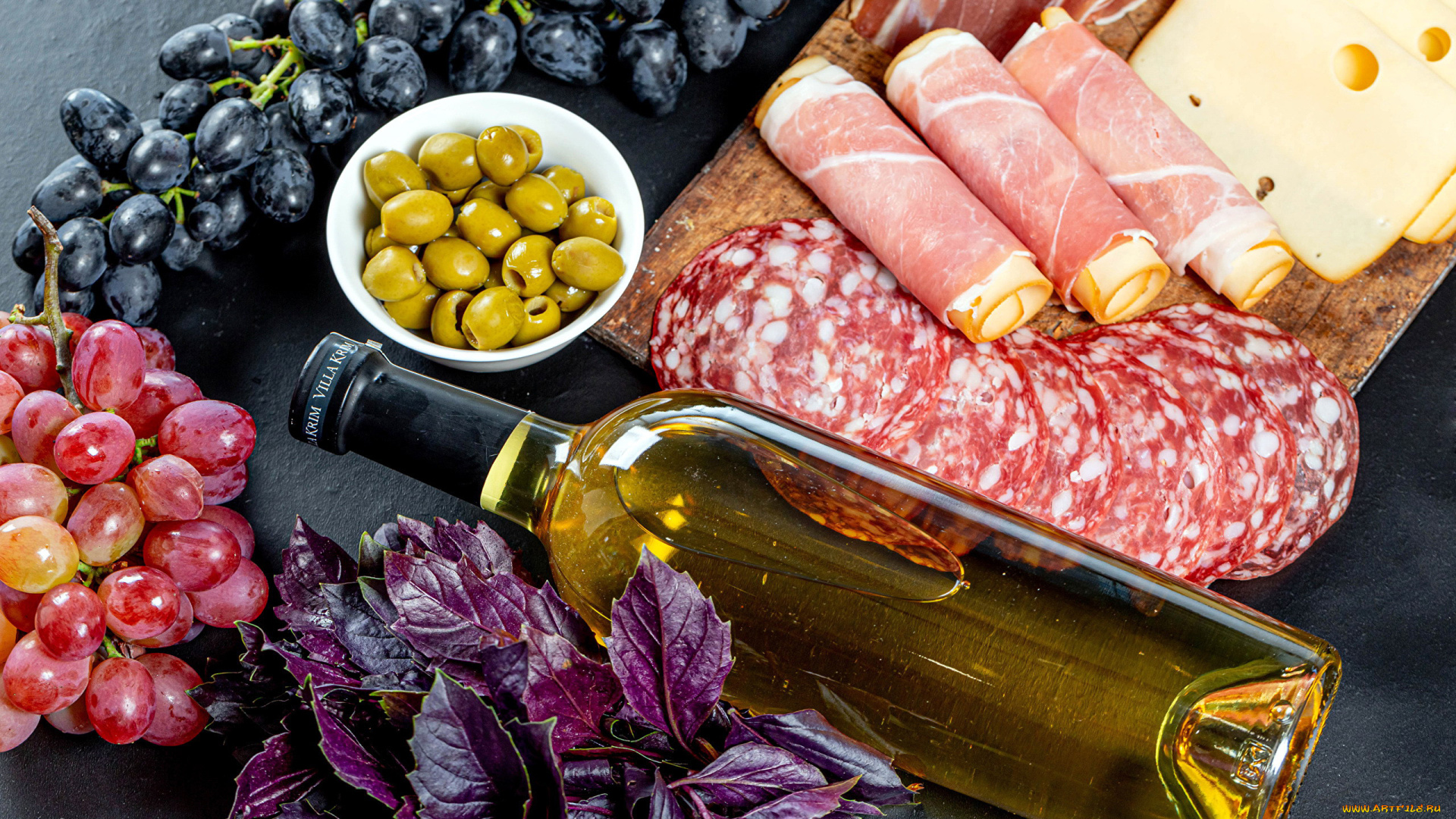 еда, разное, виноград, базилик, ветчина, сыр, оливки, салями