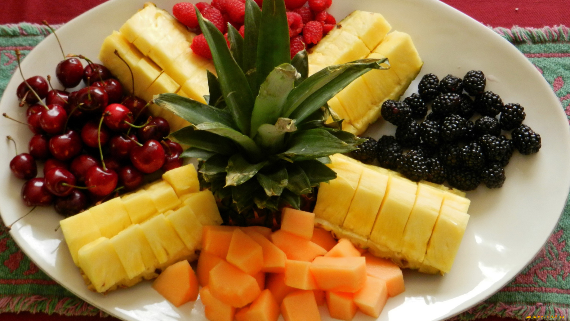 еда, фрукты, ягоды, черешня, ананас, ежевика, малина