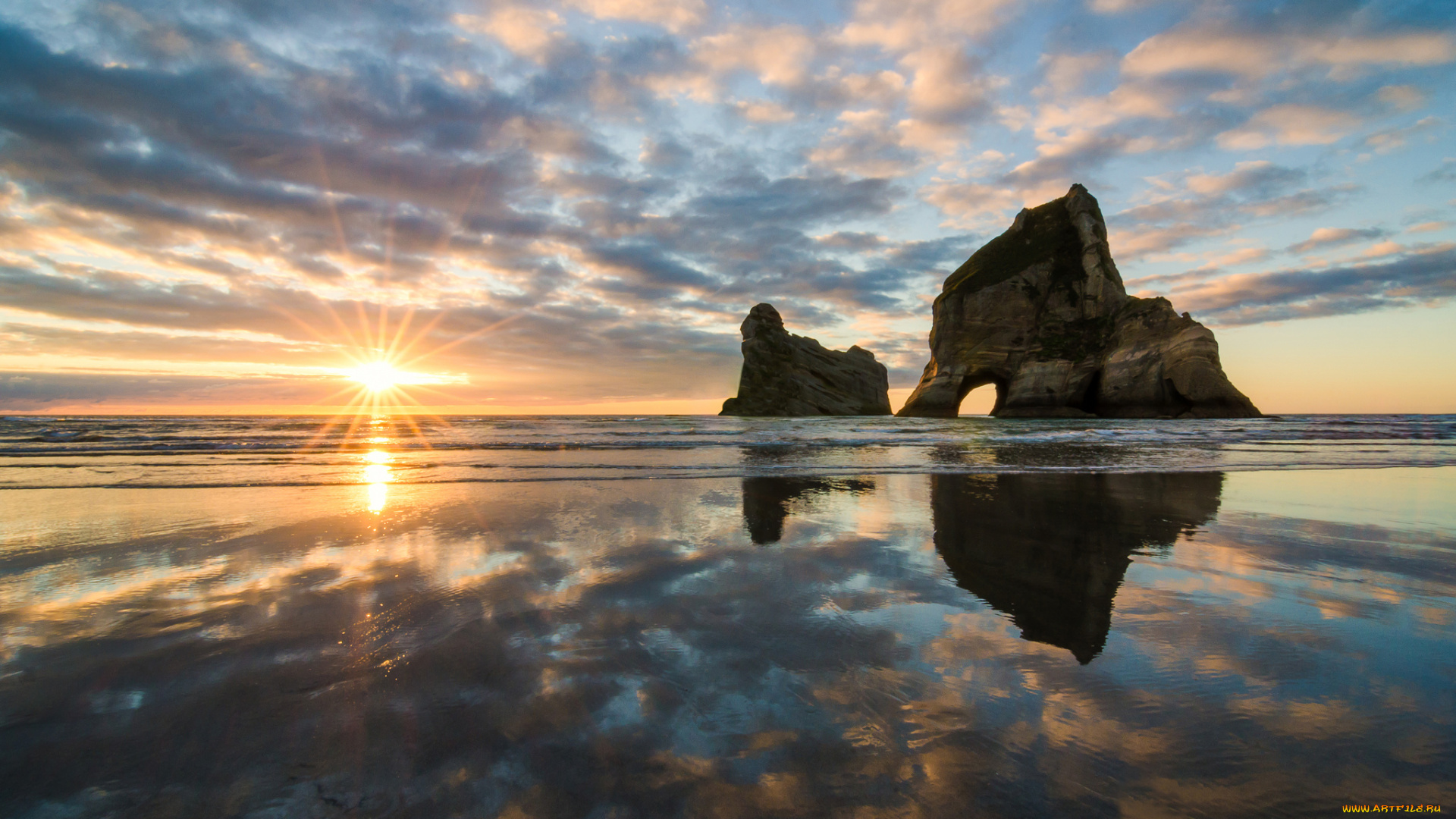 wharariki, beach, new, zealand, природа, восходы, закаты, tasman, sea, тасманово, море, новая, зеландия, скалы, восход, отражение