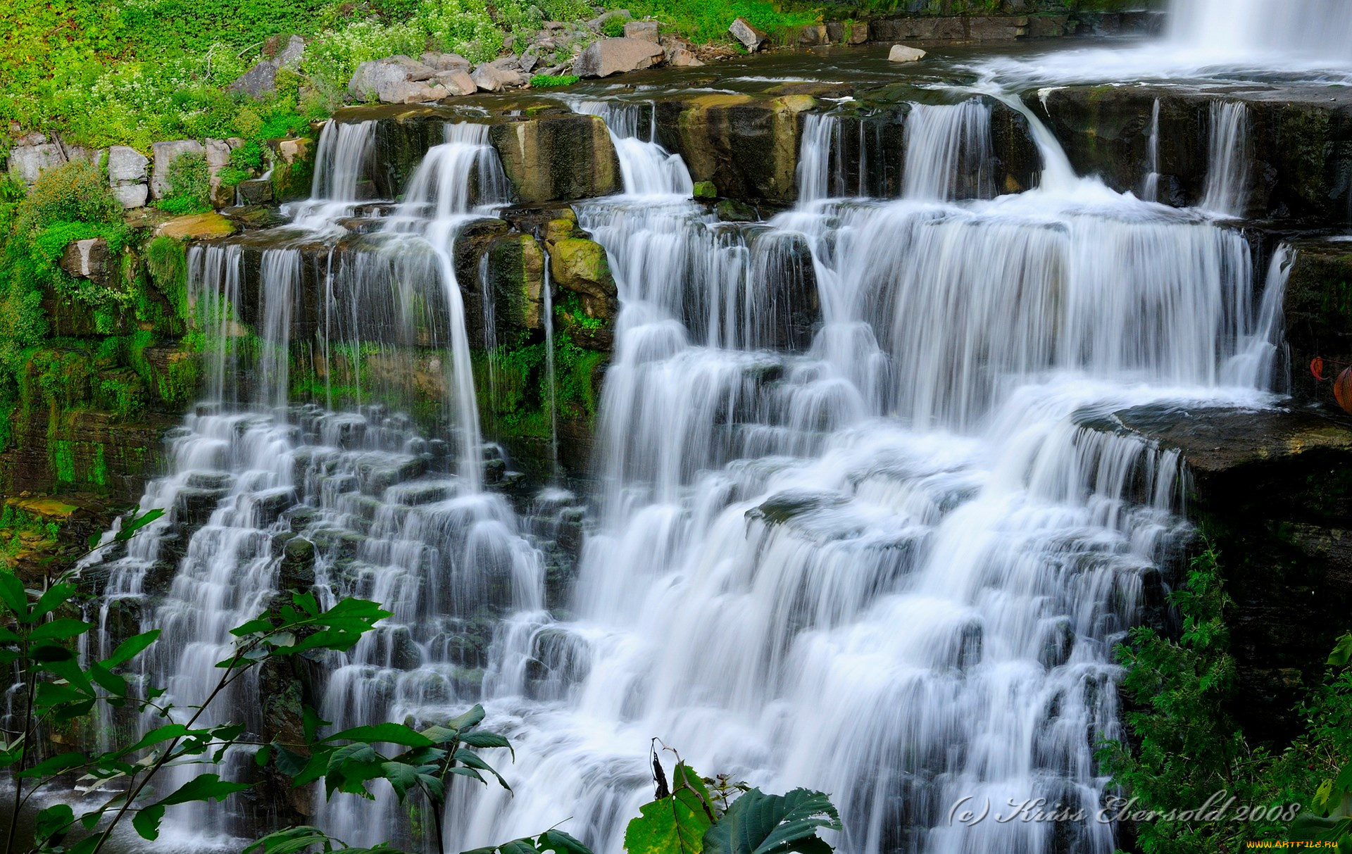 водопад, природа, водопады, кусты, скалы, пейзаж