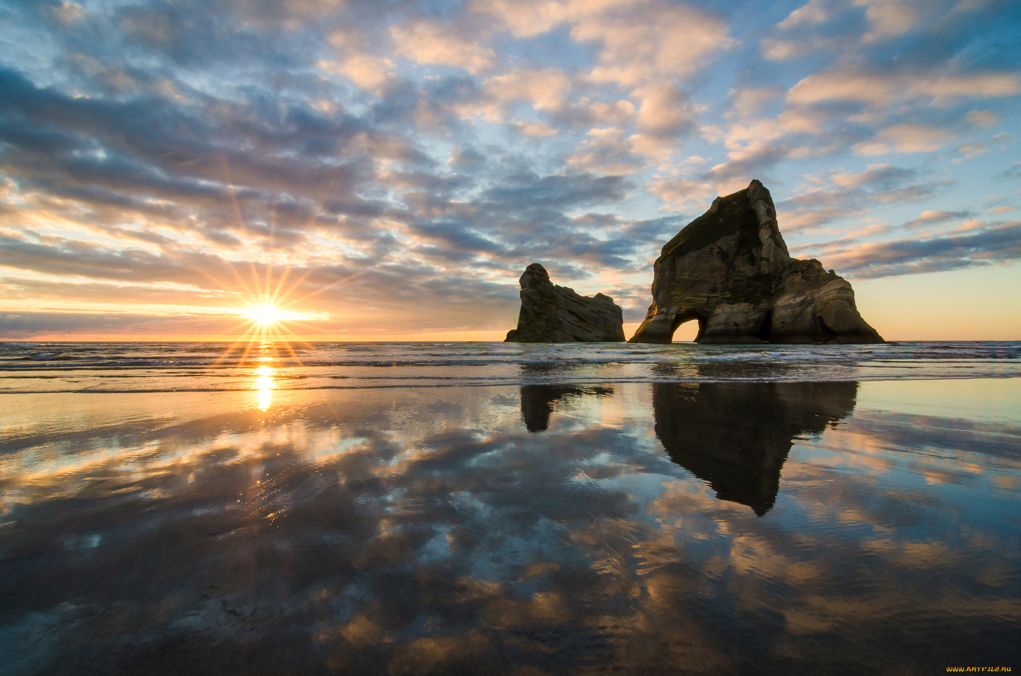 wharariki, beach, new, zealand, природа, восходы, закаты, tasman, sea, тасманово, море, новая, зеландия, скалы, восход, отражение