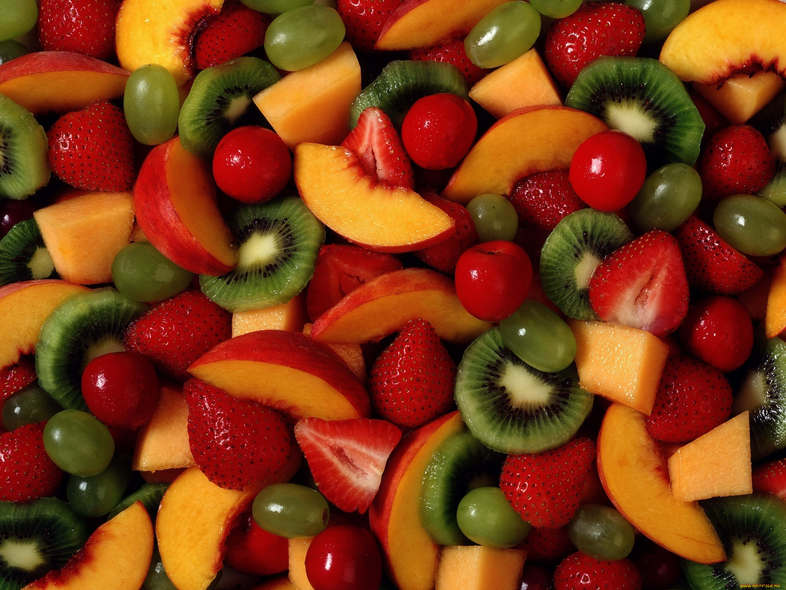 еда, фрукты, ягоды, клубника, черешня, виноград, киви, персики, витамины