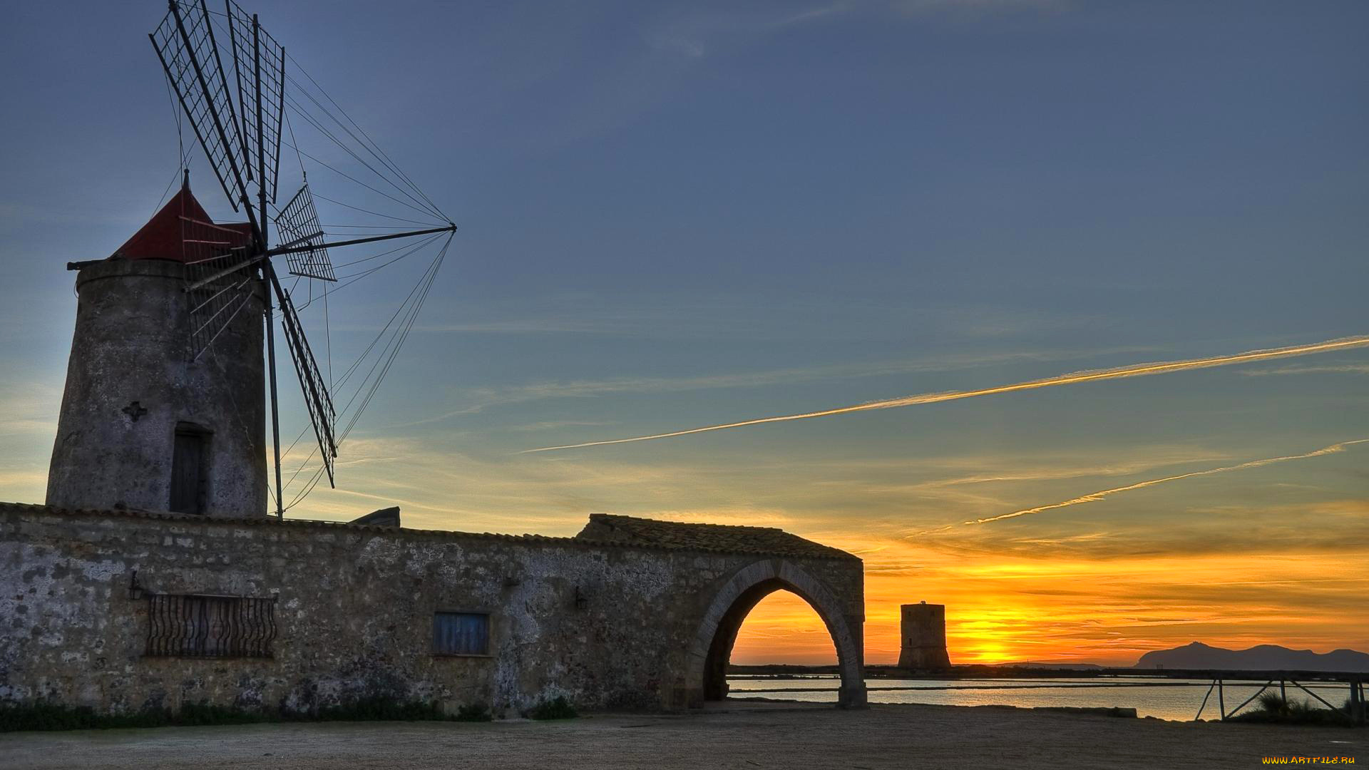 разное, мельницы, italy, sicily, небо, италия, сицилия, башня, горы, мельница, закат